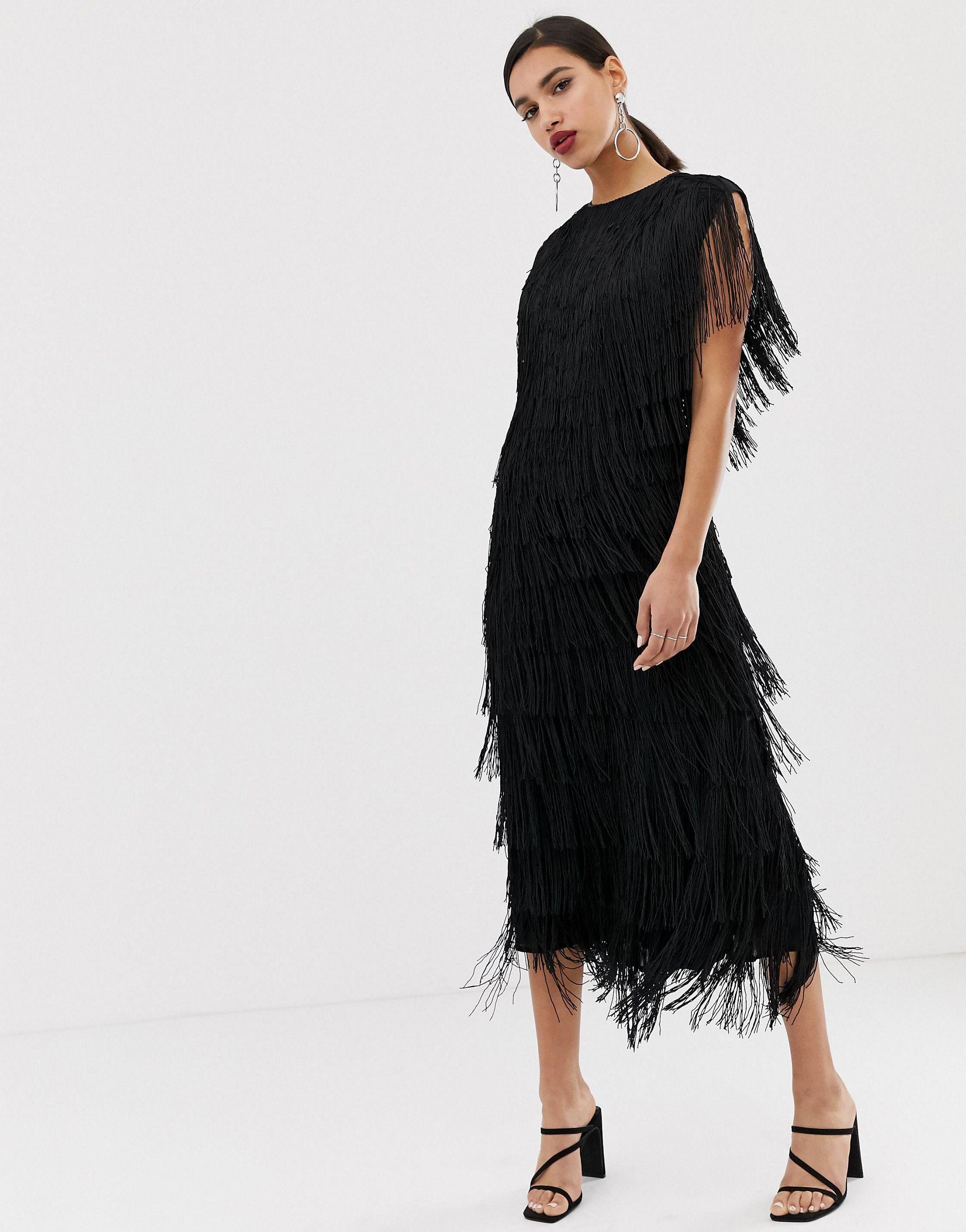 ASOS Synthetic Fringe Column Midi Dress in Black | Lyst