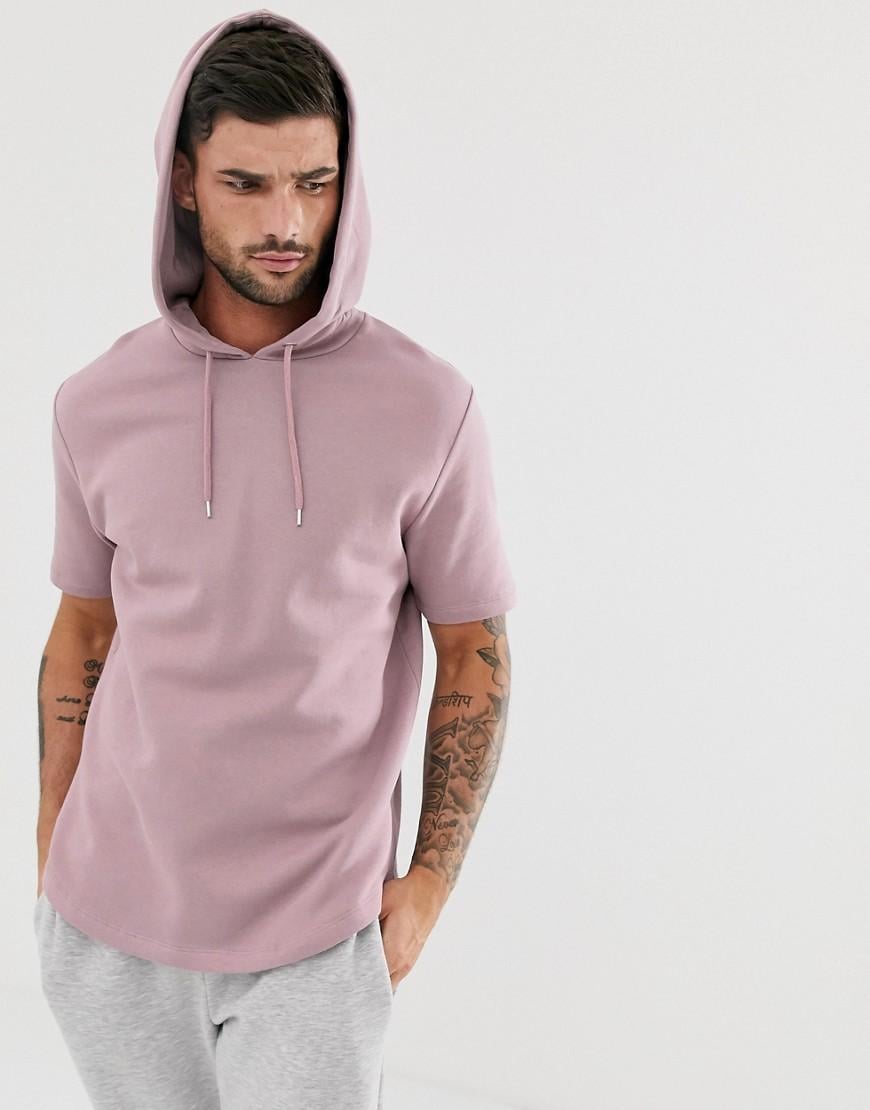 ASOS Short Sleeve Hoodie With Curved Hem in Pink for Men