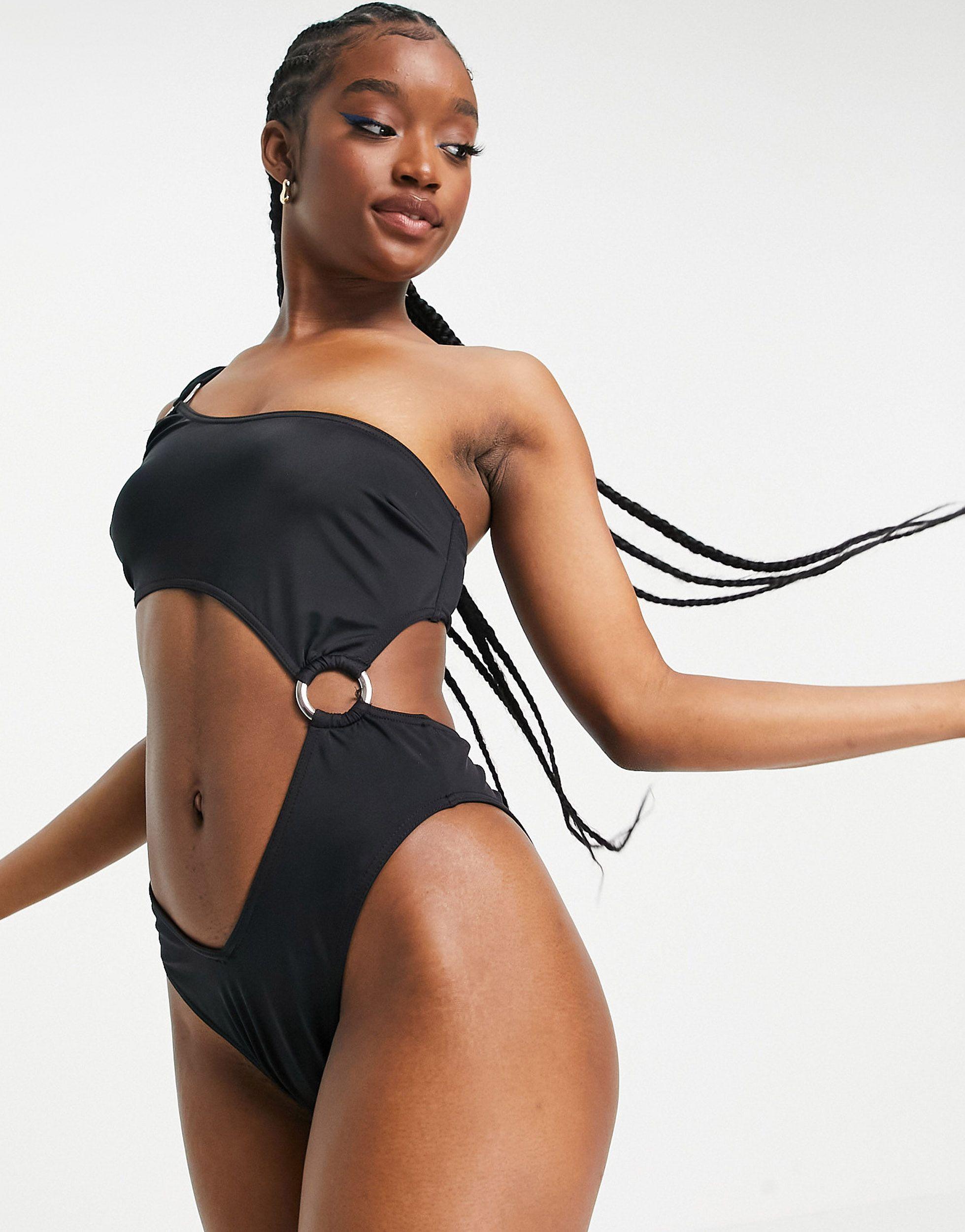 ASOS Asymmetric Cut Out Ring Swimsuit in Black | Lyst