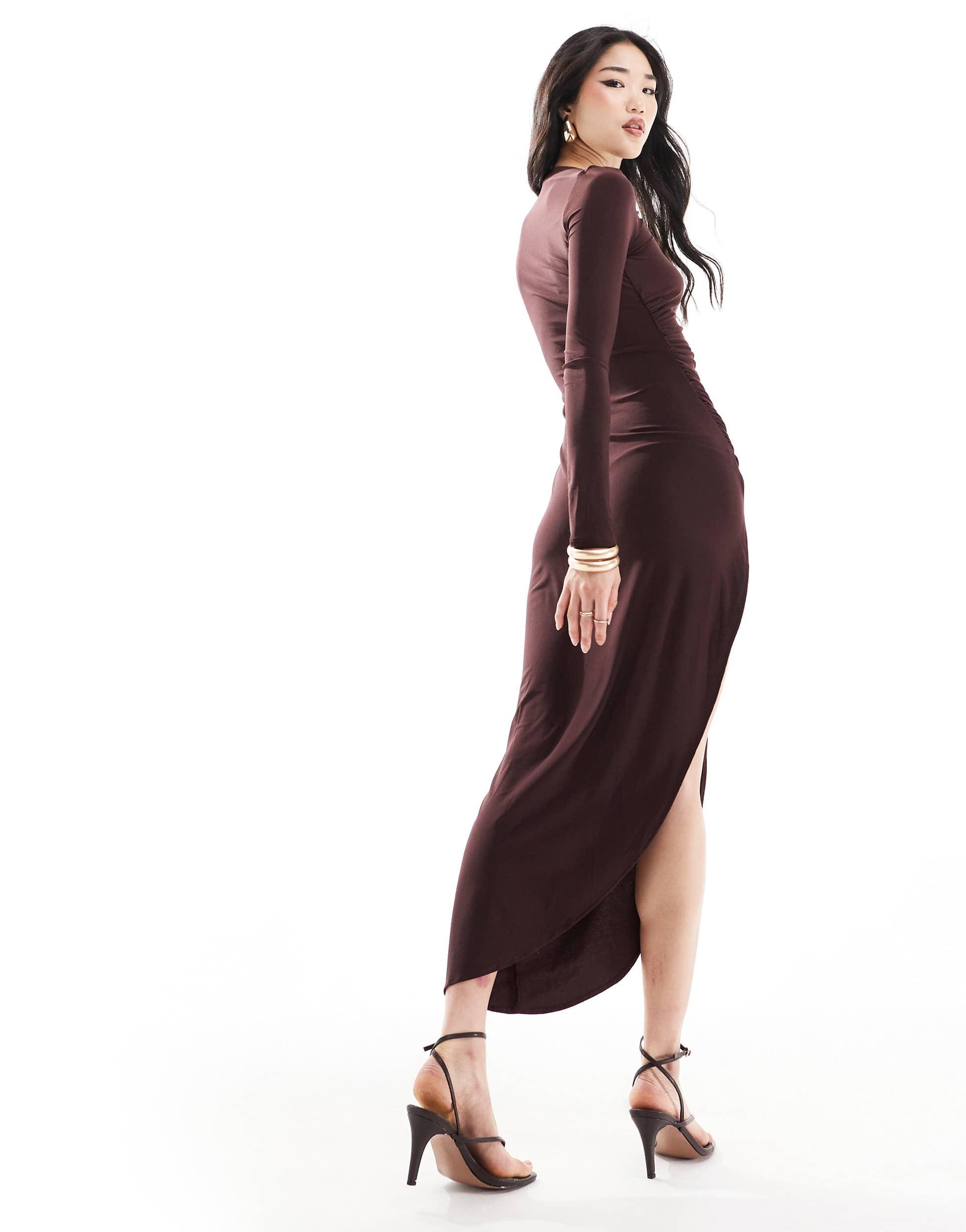 Pull&Bear Polyamide Sculpt Maxi Dress With Leg Split in Red | Lyst