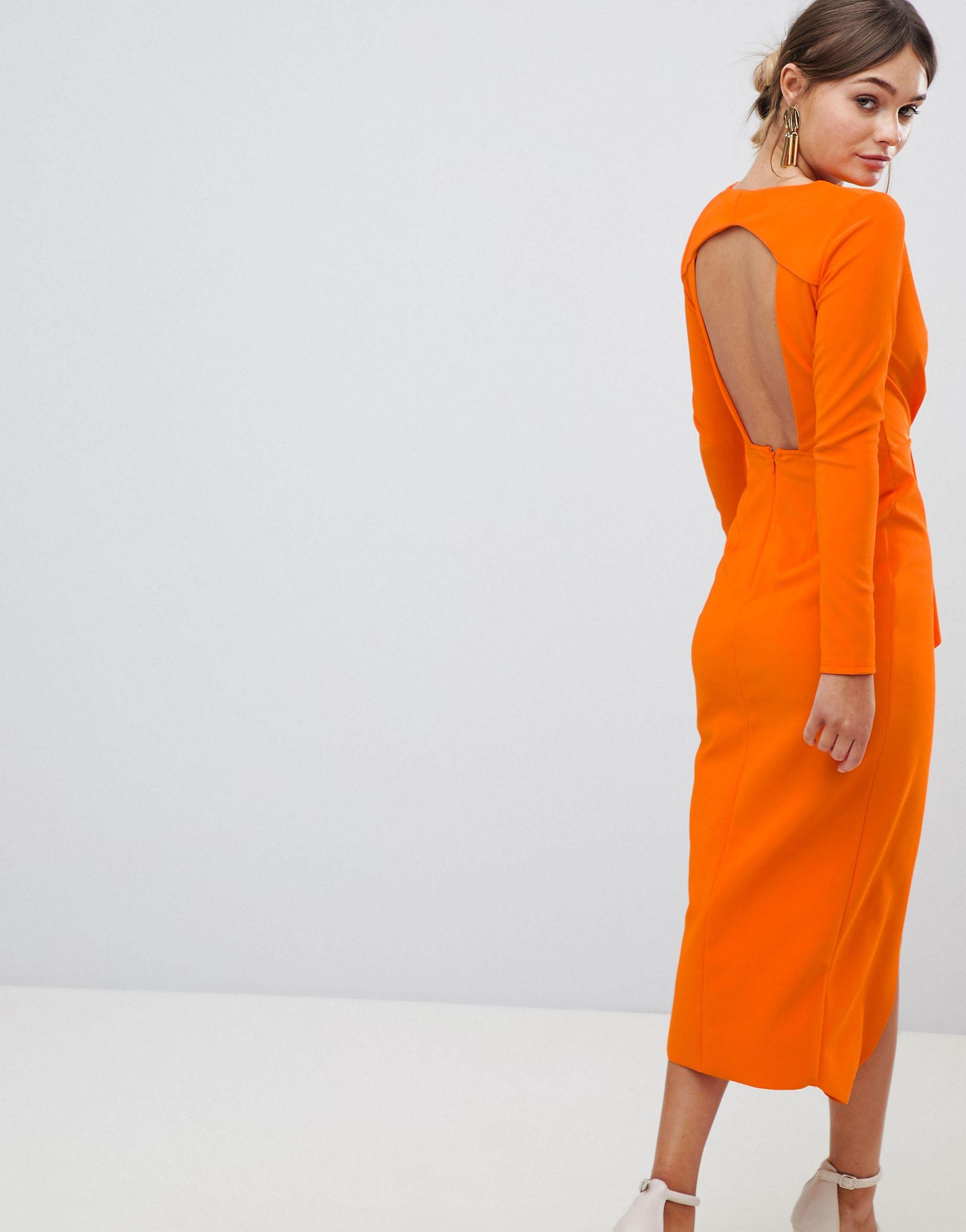 ASOS Long Sleeve Waterfall Deep Plunge Midi Dress in Orange | Lyst