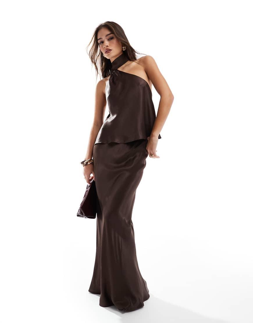 princess polly baby blue dress Chocolate Brown Satin Slip Dress with Scarf. Cocktail Maxi Dress. Open Back Dress main image 0