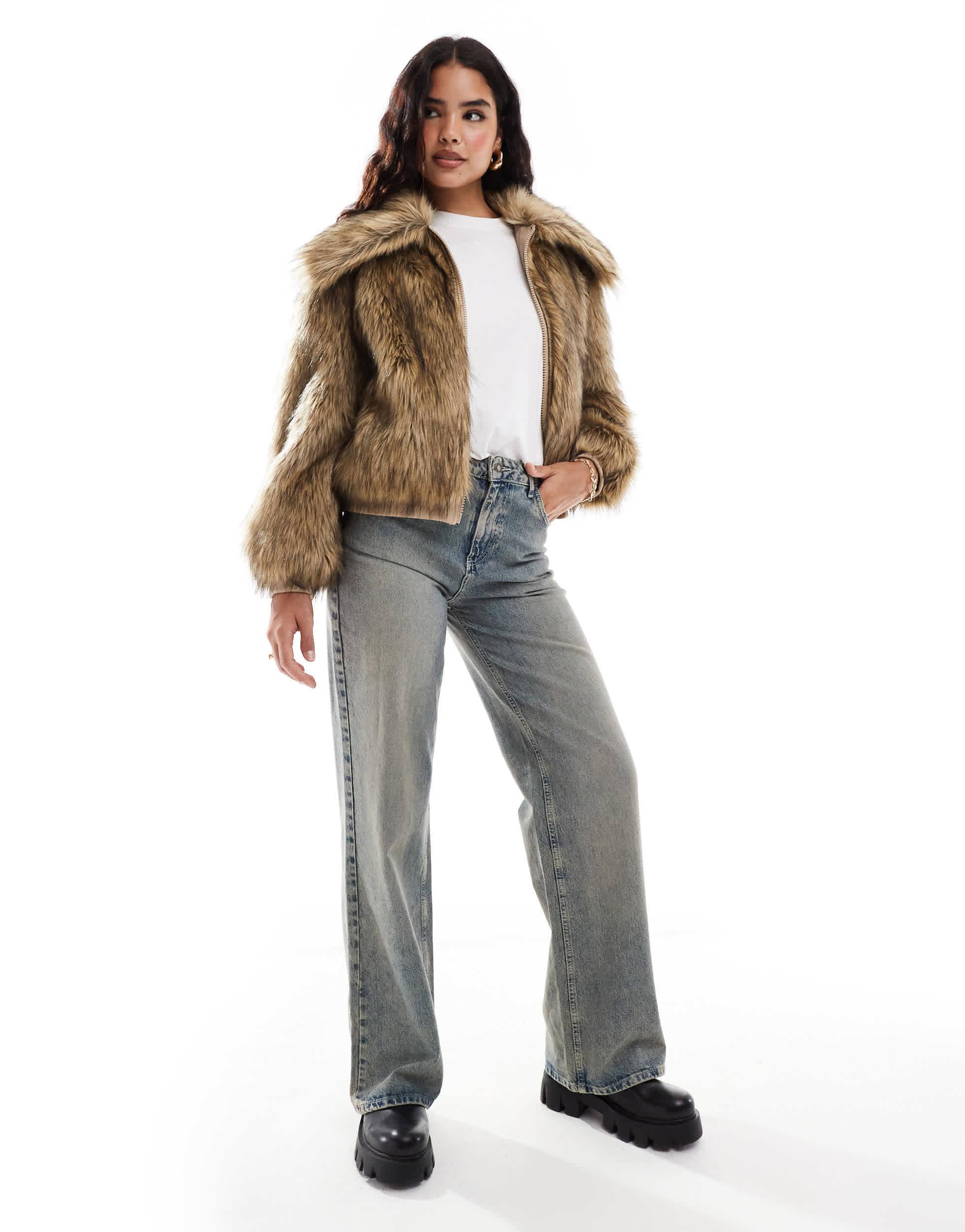 Stradivarius Str Faux Fur Jacket in Natural Lyst