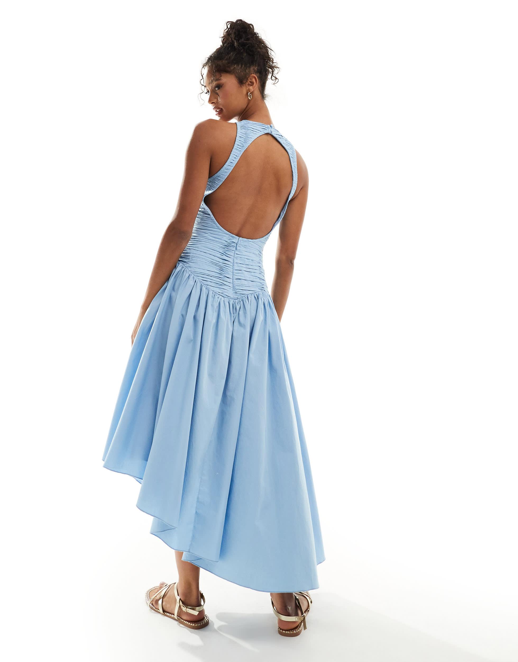 ASOS Ruched Micro Pleat Bodice Midi Dress With Open Back in Blue