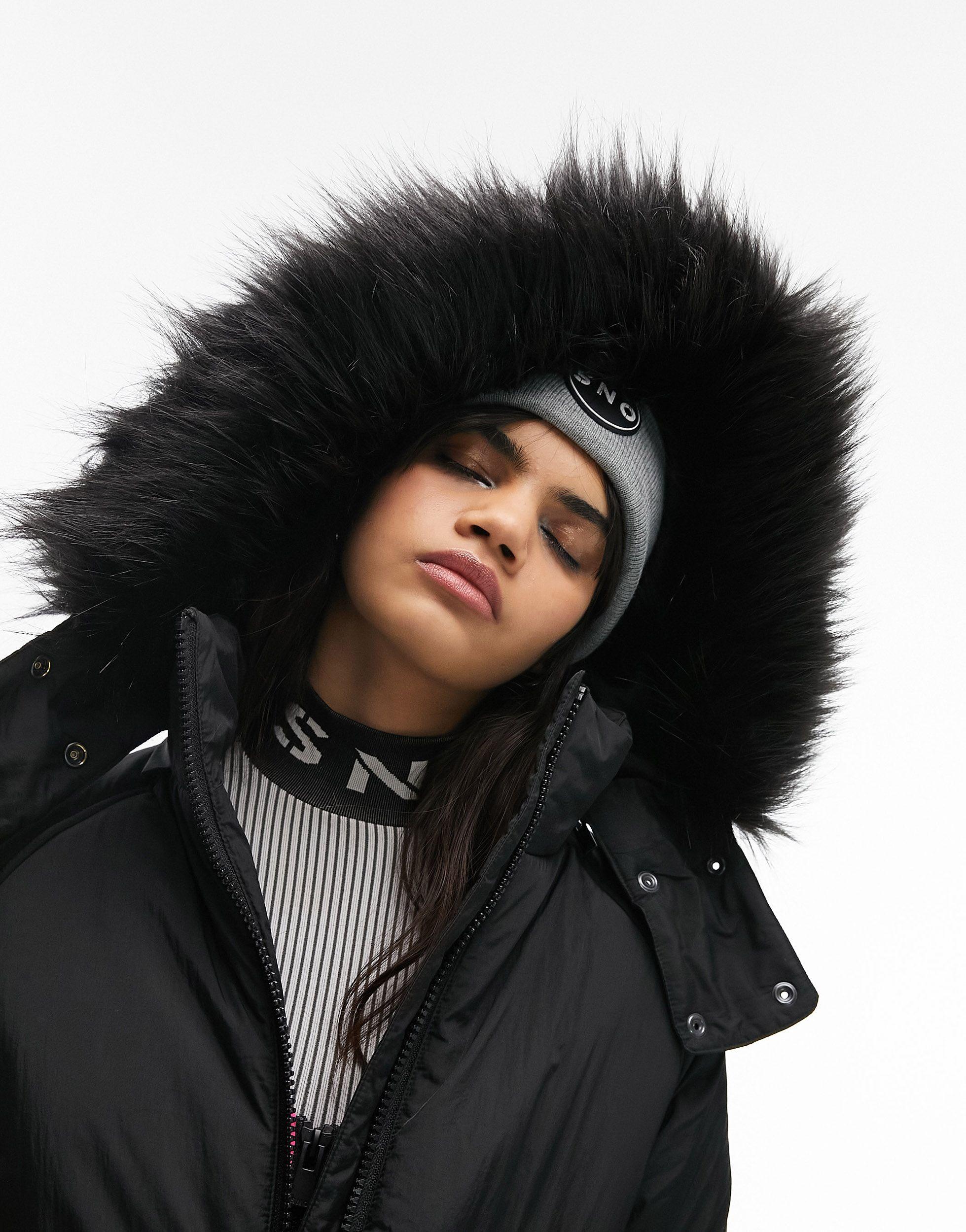TOPSHOP Sno Ski Parka Coat With Fur Hood in Black | Lyst