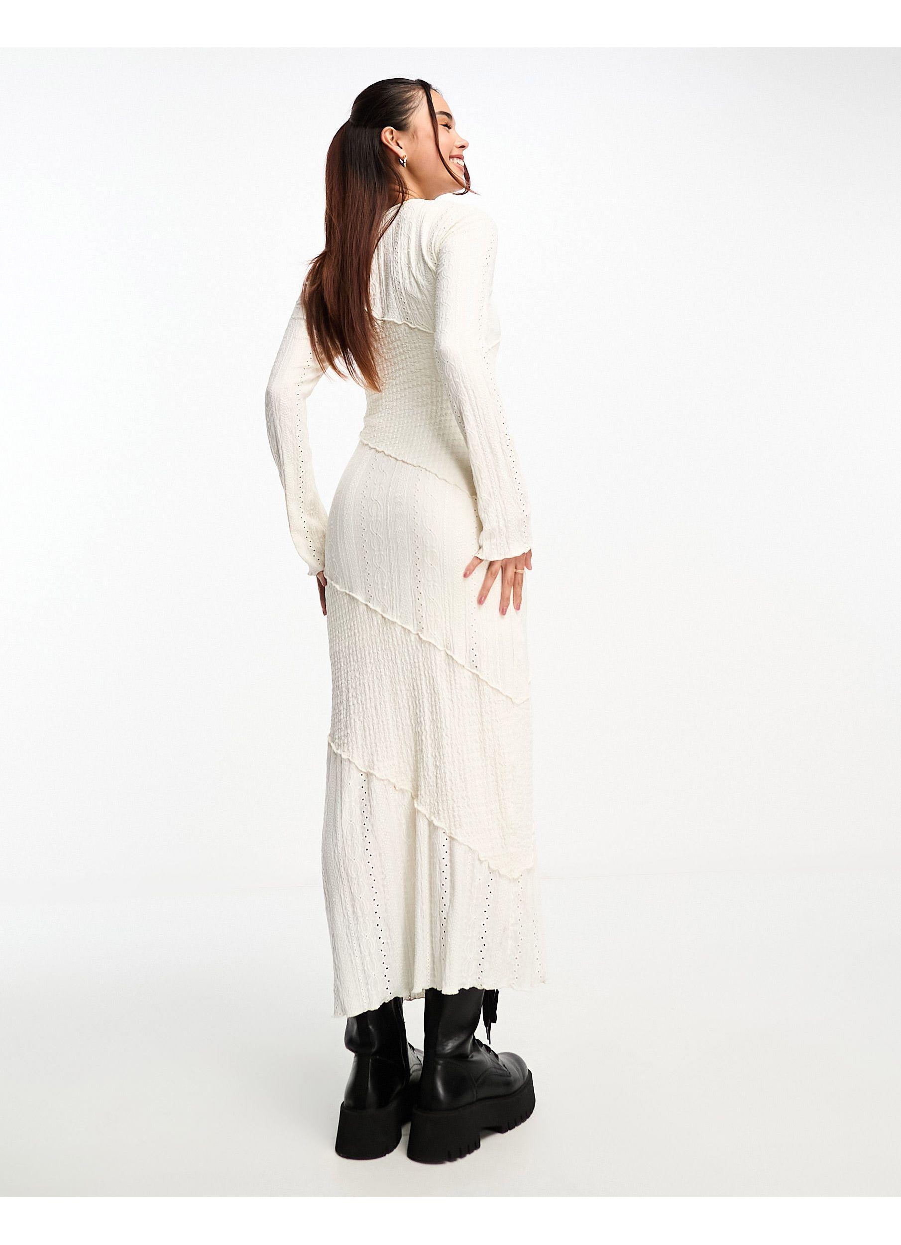 Miss Selfridge Crochet Open Back Long Sleeve Maxi Dress in Natural