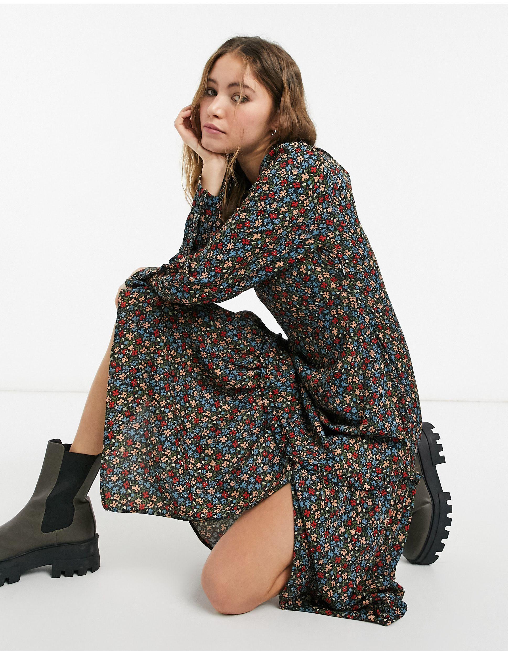 TOPSHOP Puff Sleeve Ruffle Hem Midi Dress - Lyst