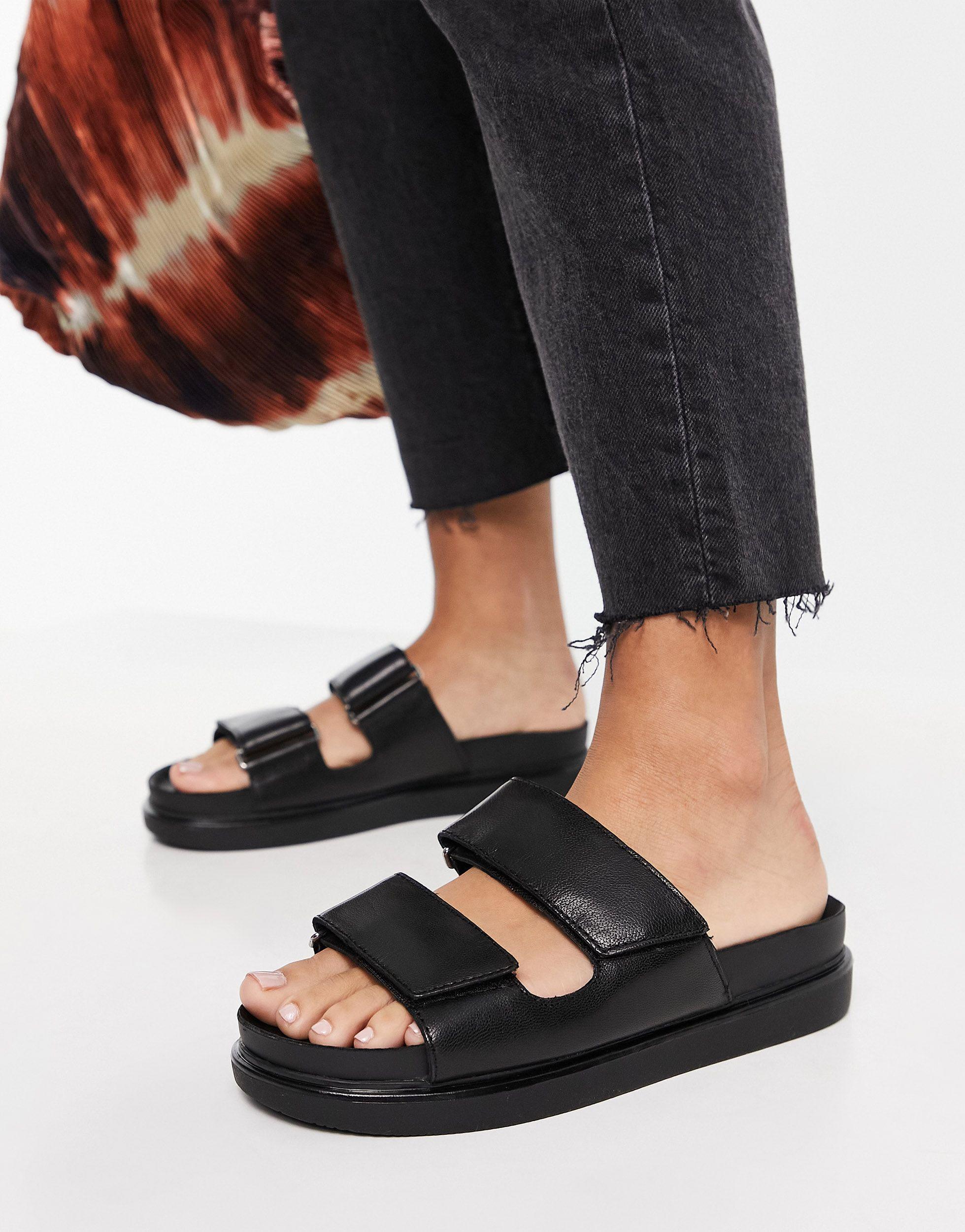 Shoemakers Erin Leather Double Strap Slides in Black | Lyst Australia