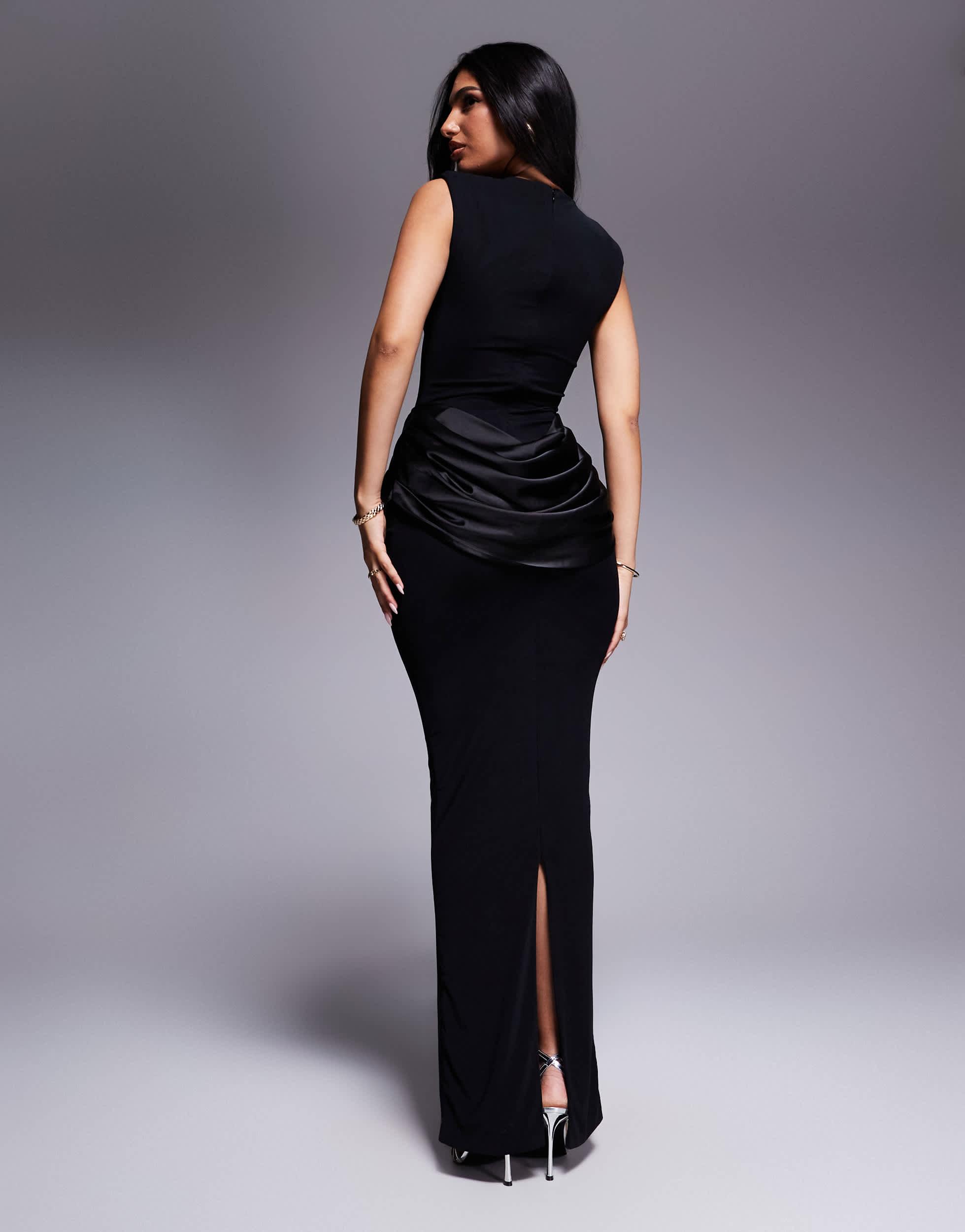 Wanderdoll Eman Sleeveless Slash Neck Satin Draped Waist