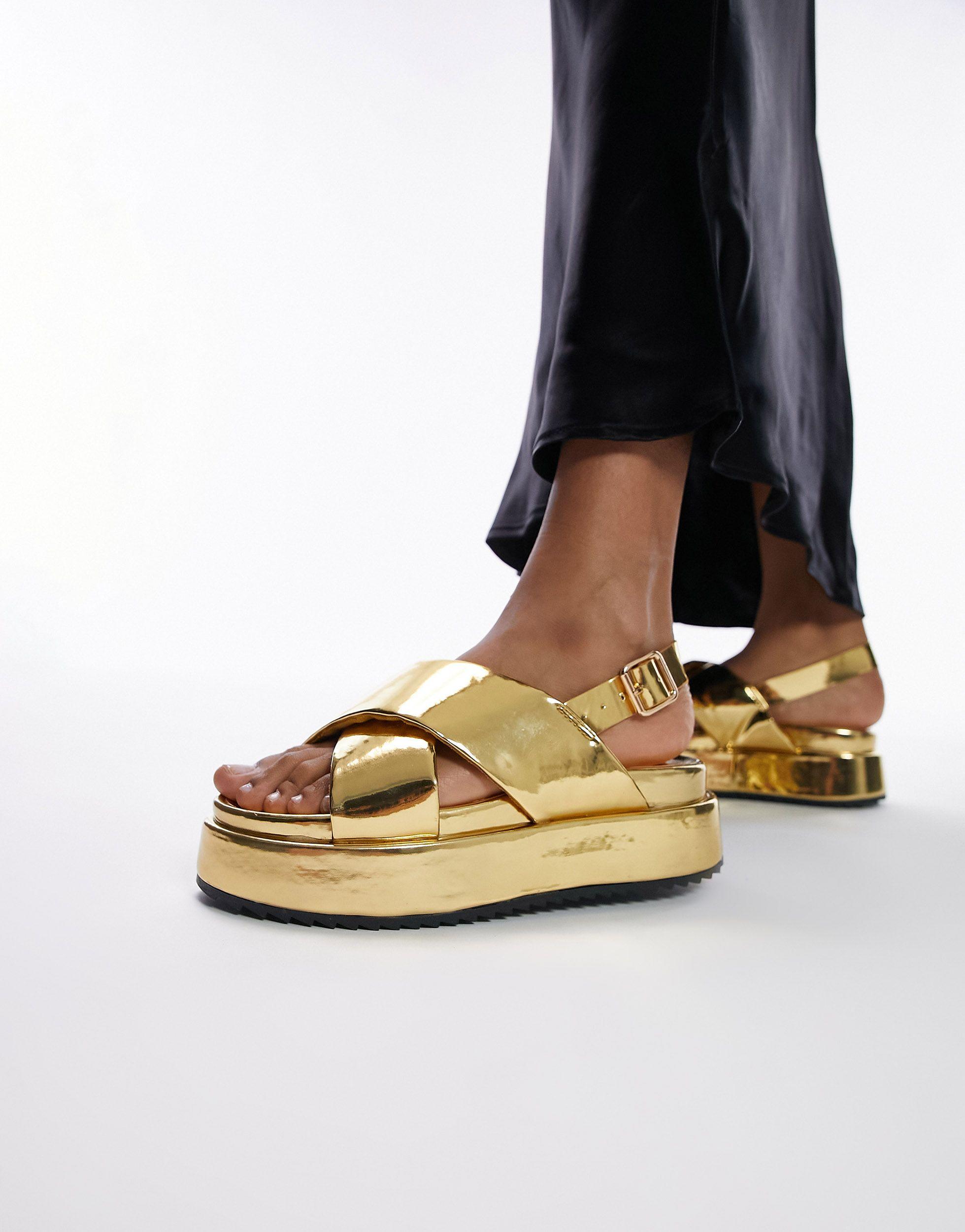 TOPSHOP Gaby Chunky Flatform Sandal in Metallic | Lyst