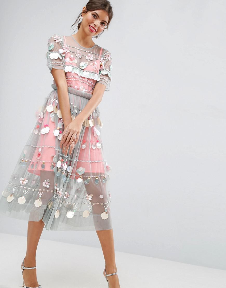 ASOS Salon Embellished Smock Midi Dress in Pink Lyst