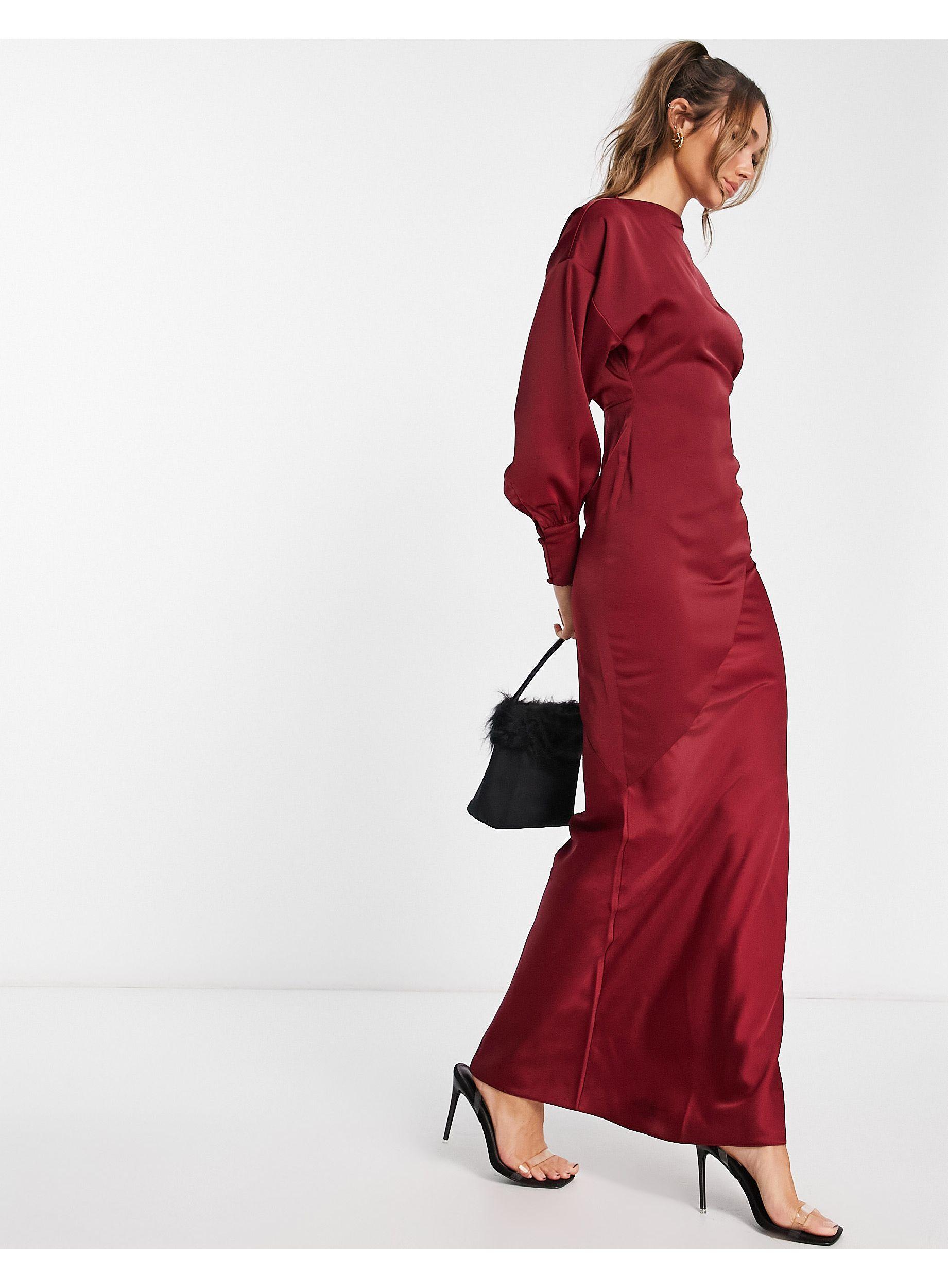 ASOS Satin Maxi Dress With Blouson Sleeve And High Neck Detail in Red |  Lyst UK