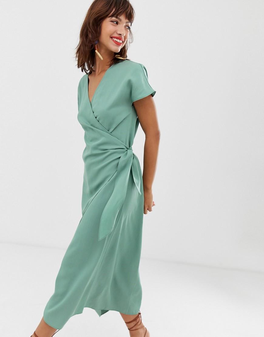 \u0026 Other Stories Linen Wrap Front Dress In Sage Green | Lyst