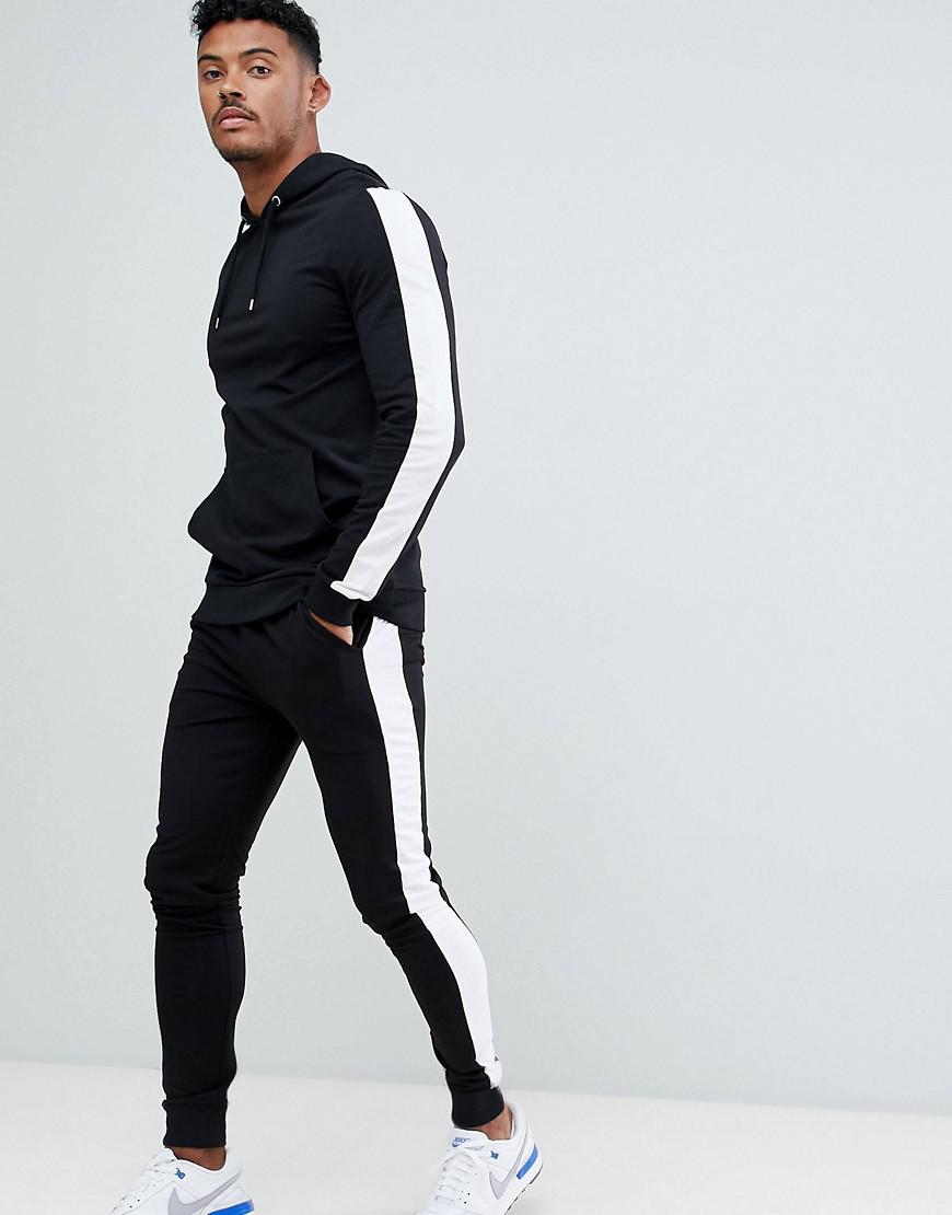 ASOS Tracksuit Muscle Hoodie/ Extreme Super Skinny joggers With White Side  Stripe In Black for Men | Lyst UK
