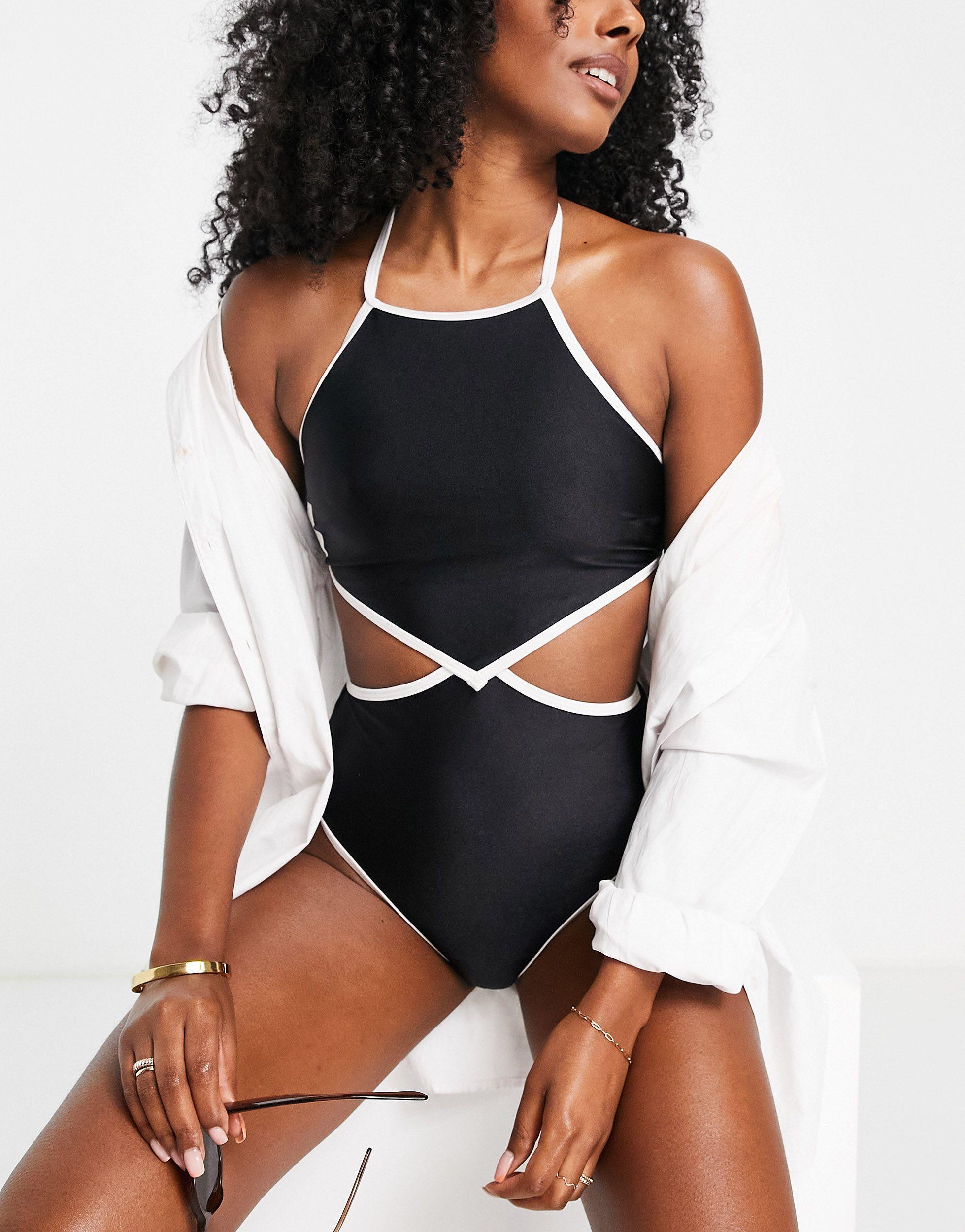 TOPSHOP High Neck Halter Swimsuit With Mono Trim in Black | Lyst