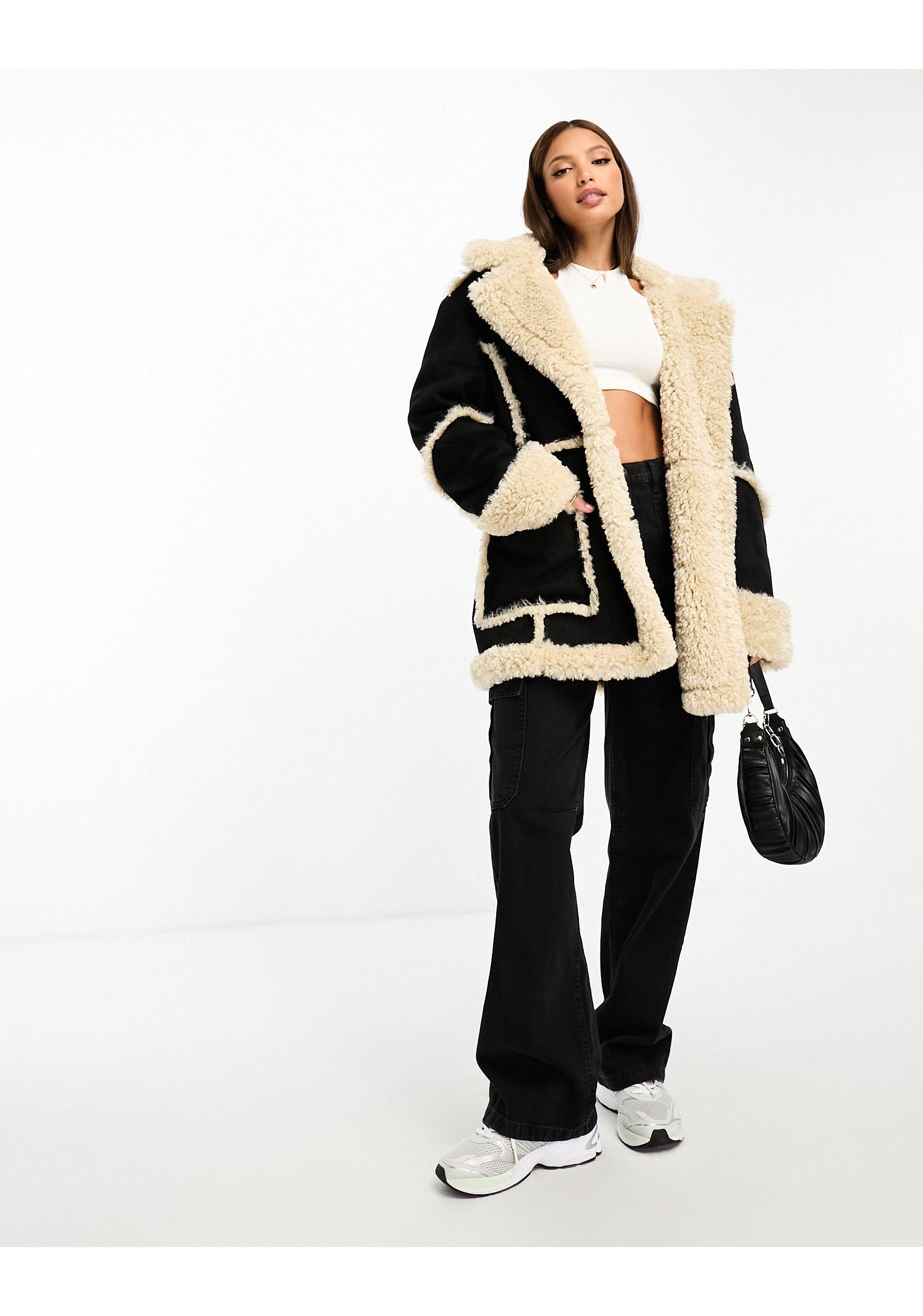 Tall faux fur trim bonded longline aviator jacket Clearance