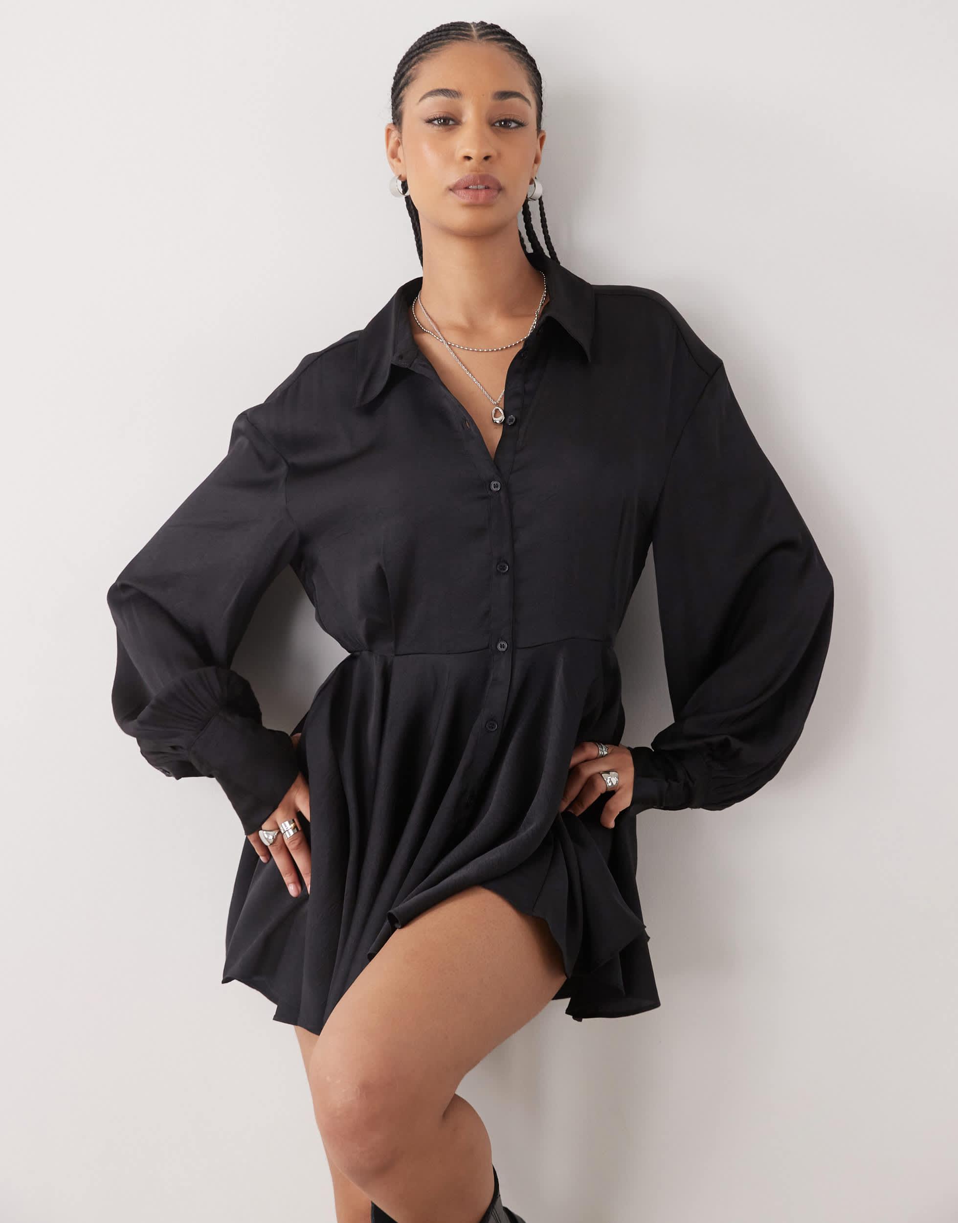 monki moa shirt dress Monki Moa abstract print mini shirt dress in black - BLACK