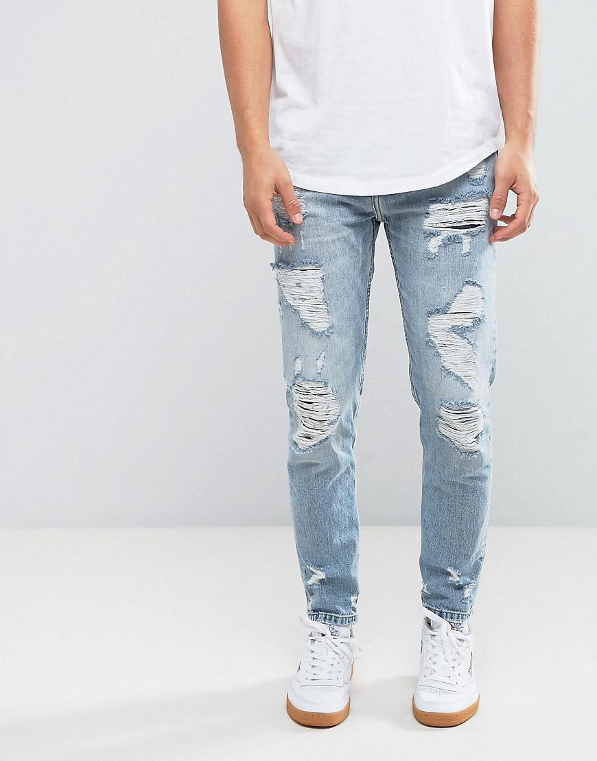 Pull&Bear Denim Slim Ripped Jeans In Mid Wash in Blue for Men - Lyst