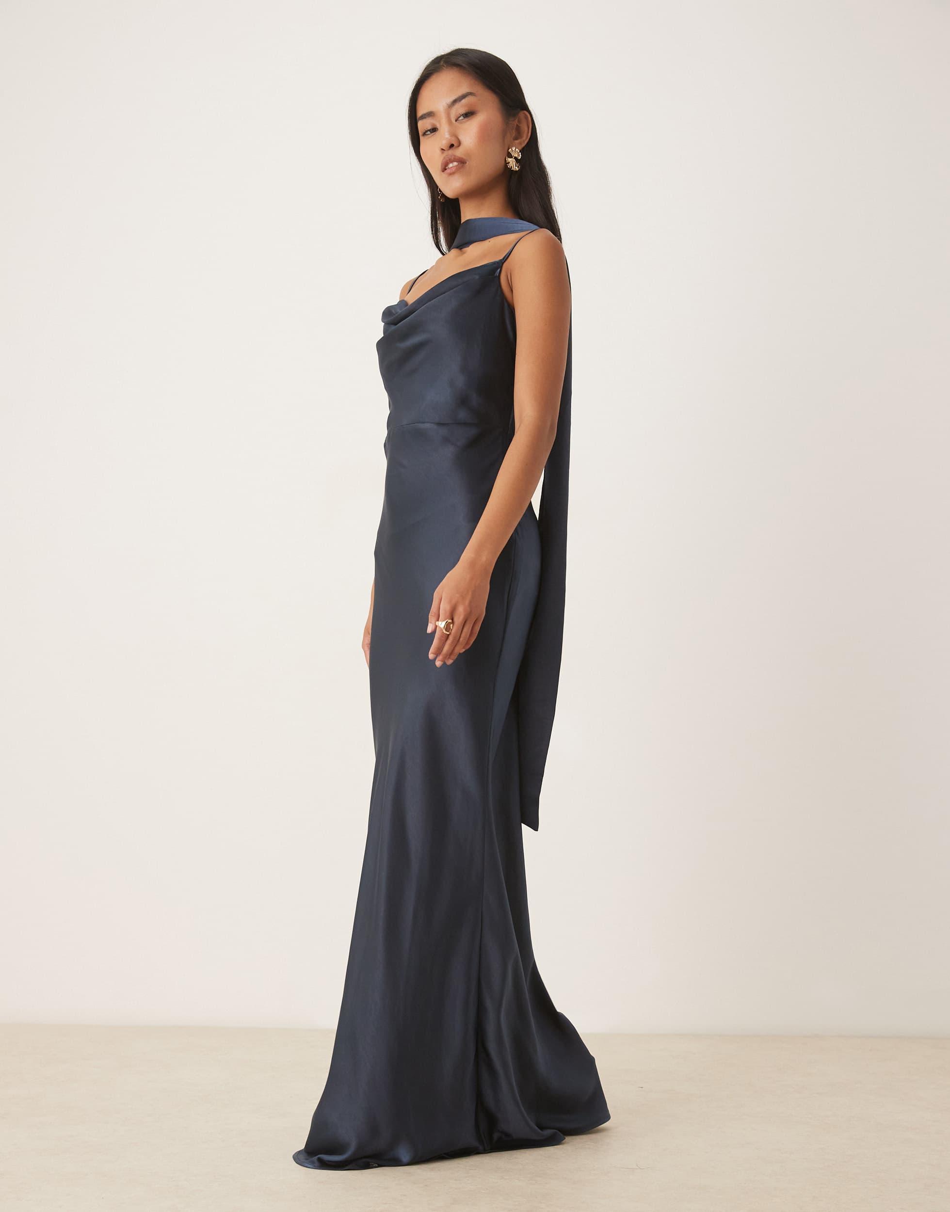 Pretty Lavish Bridesmaid Keisha Satin Cowl Neck Maxi Dress With Scarf in  Blue | Lyst