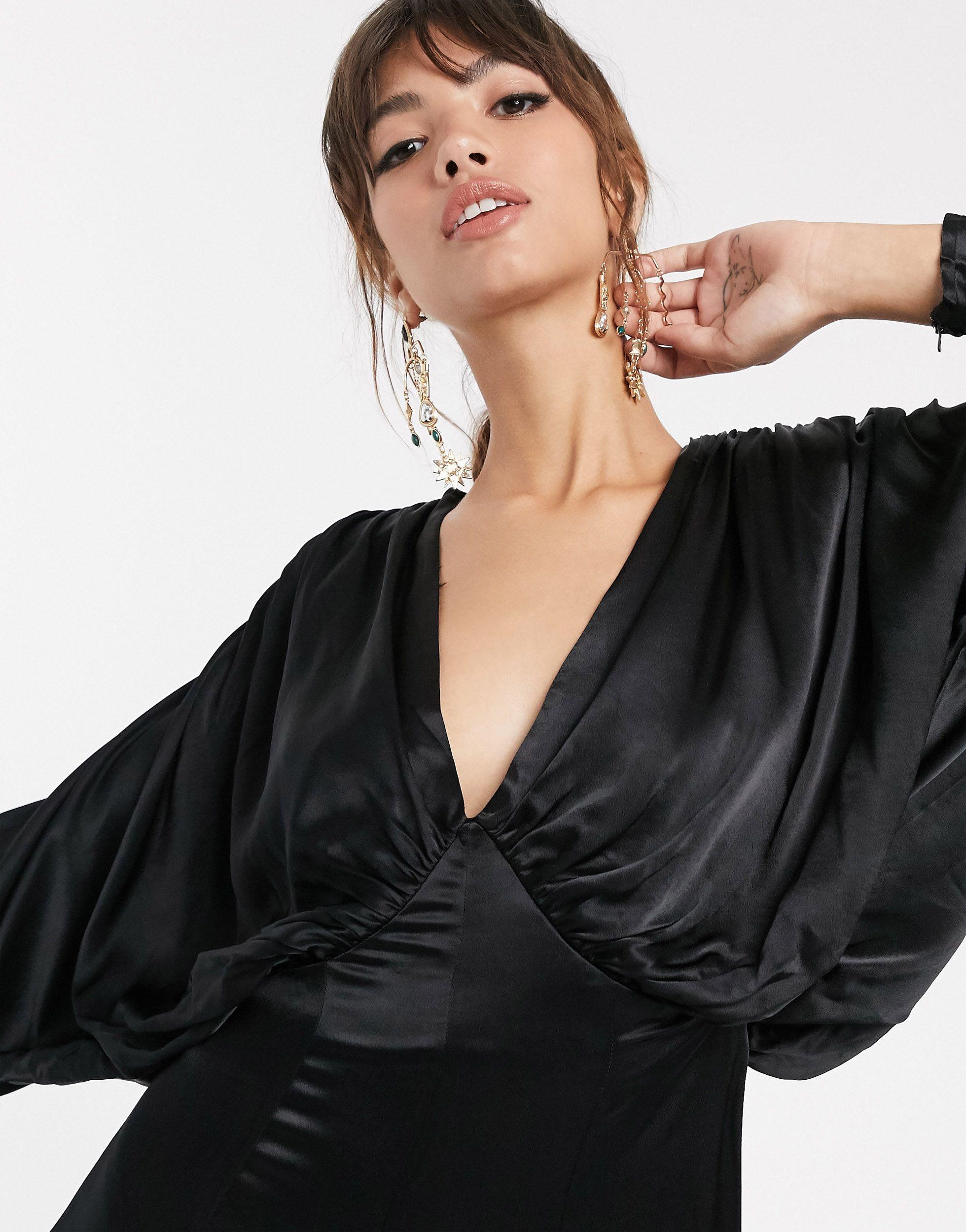 ASOS Ruched Batwing Satin Jumpsuit in Black | Lyst
