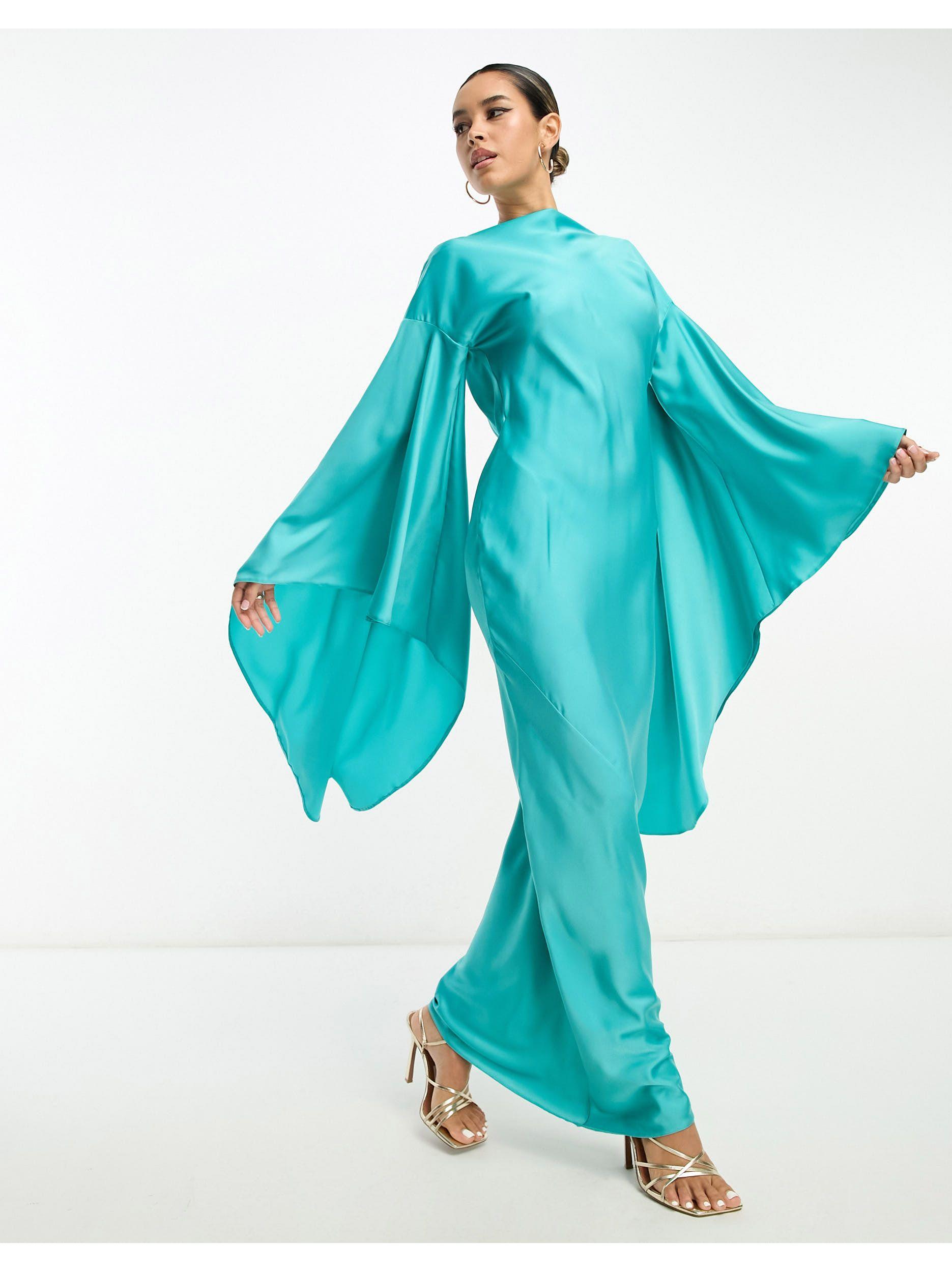 Robe longue en satin avec manches drapées oversize et dos ouvert -  turquoise ASOS en coloris Bleu | Lyst, image size:1871x2500