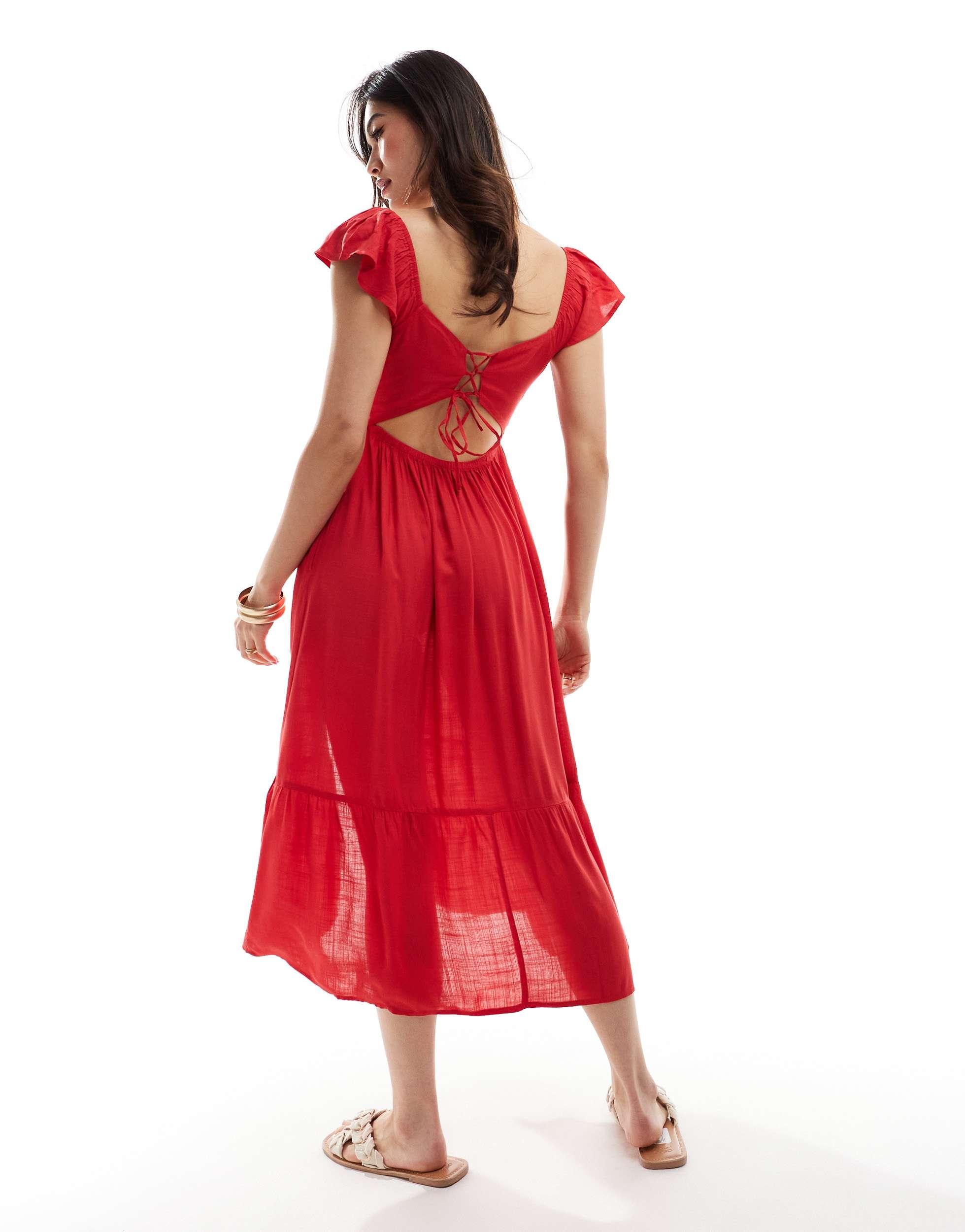 blue dress midi length Miss Circle Reina Blue Cotton Poplin Drop Waist Corset Midi Dress S