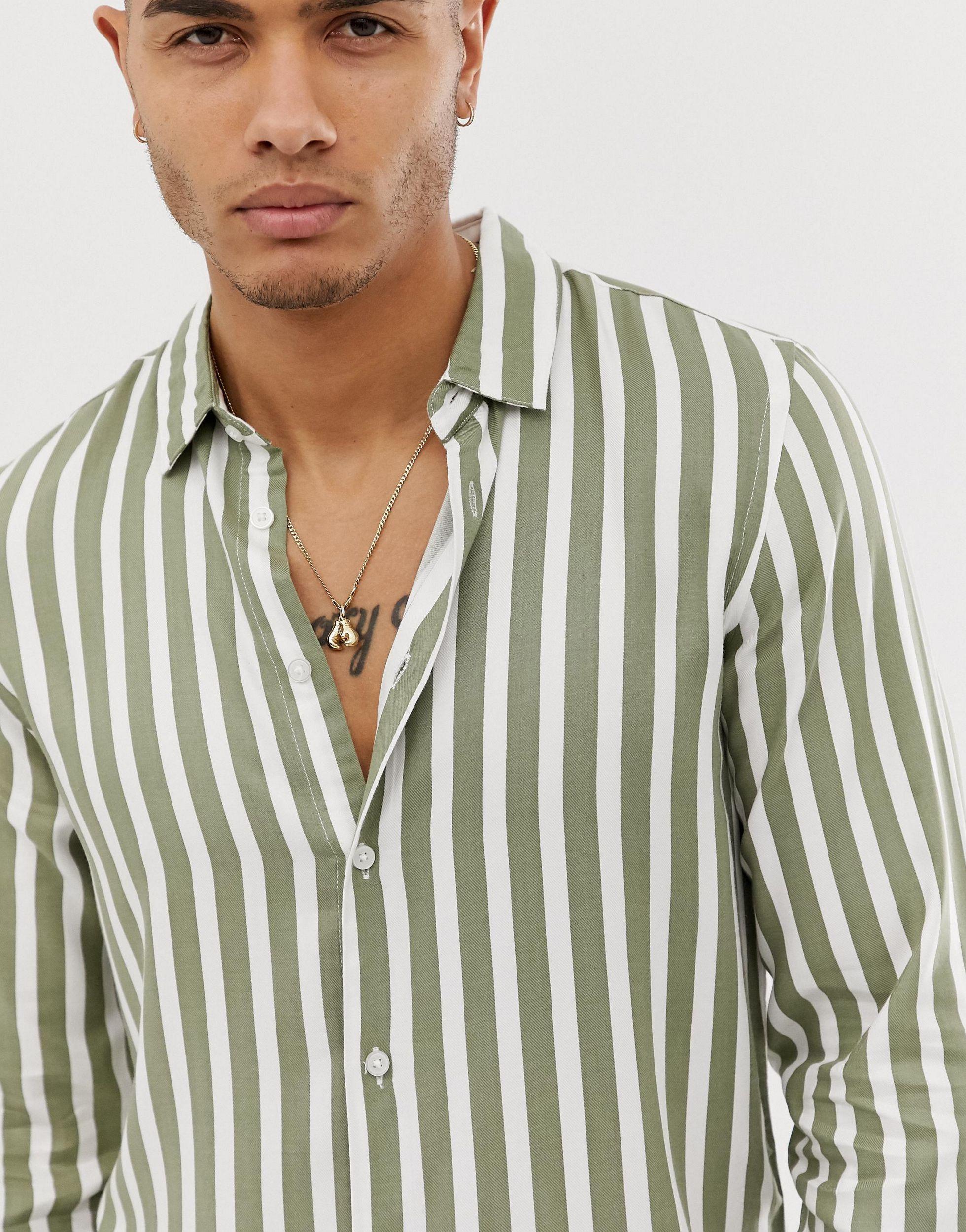 Bershka Vertical Striped Shirt in Green for Men