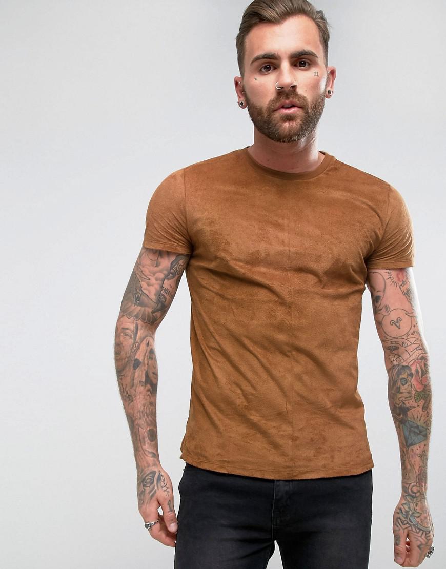 ASOS T-shirt In Faux Suede In Tan in Brown for Men | Lyst