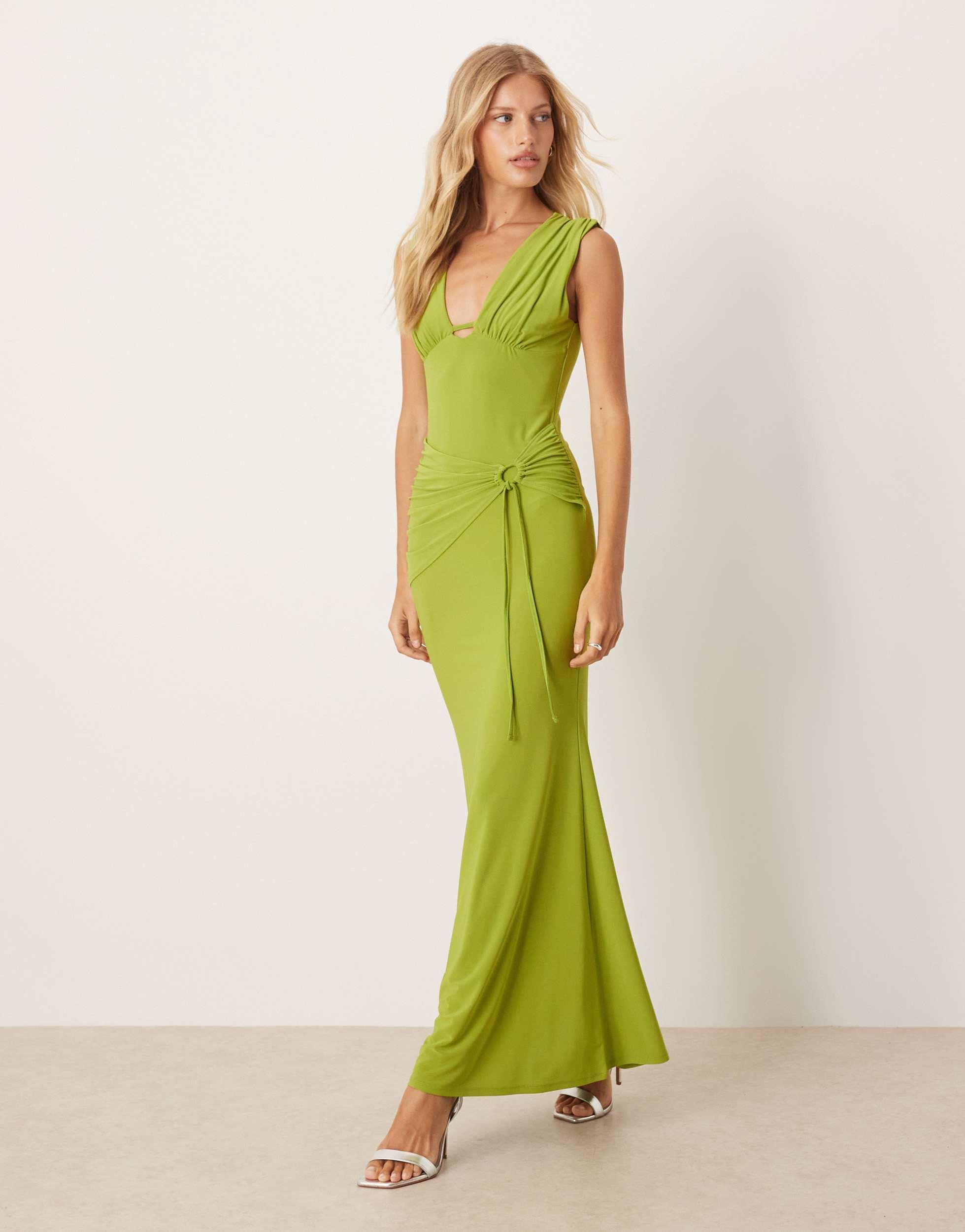slim fit dress slacks Green Ruffle-Sleeve Poplin Maxi Dress main image 0