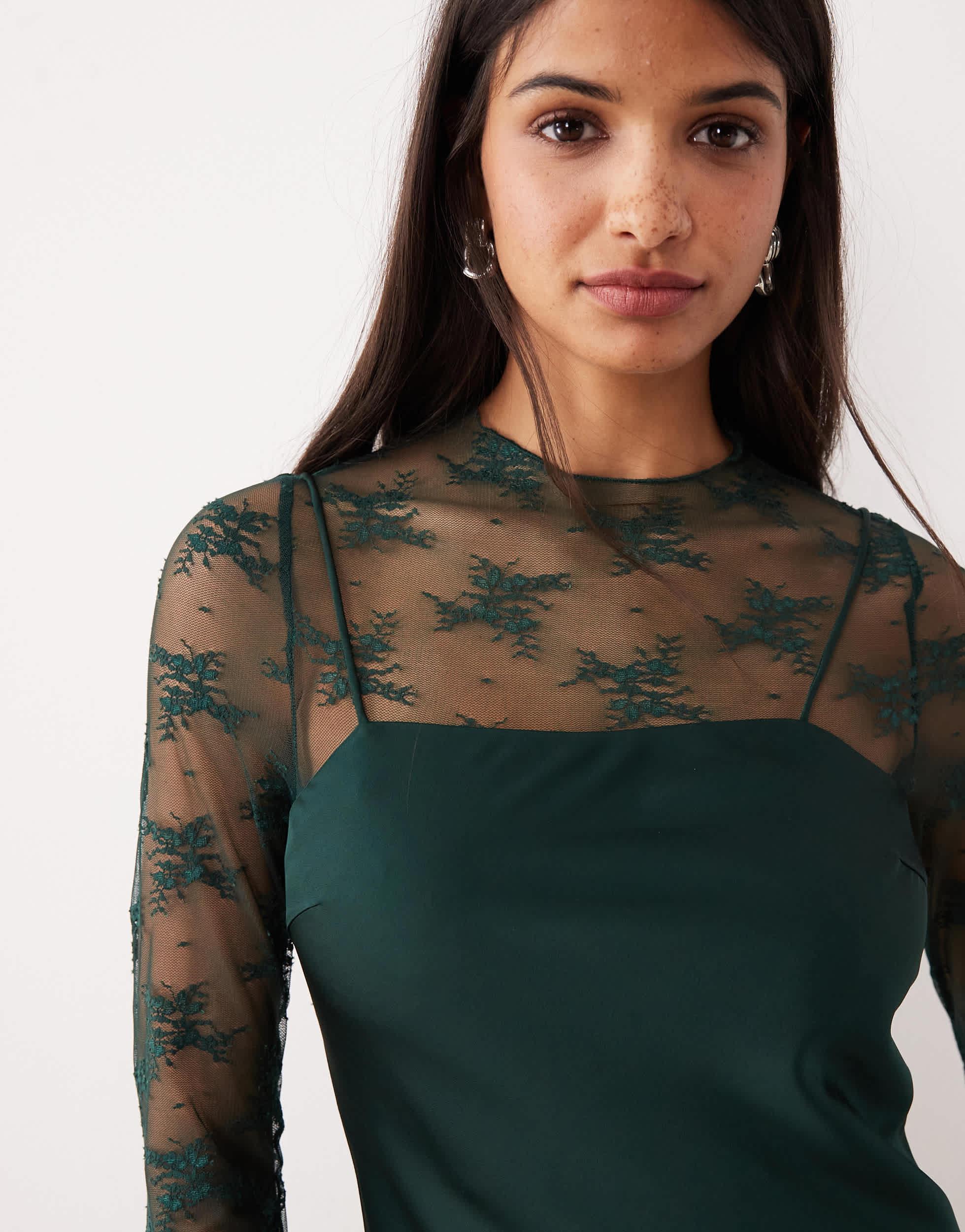 yas lace dress YAS Hybrid High Neck Lace Top and Satin Slip Dress in Black