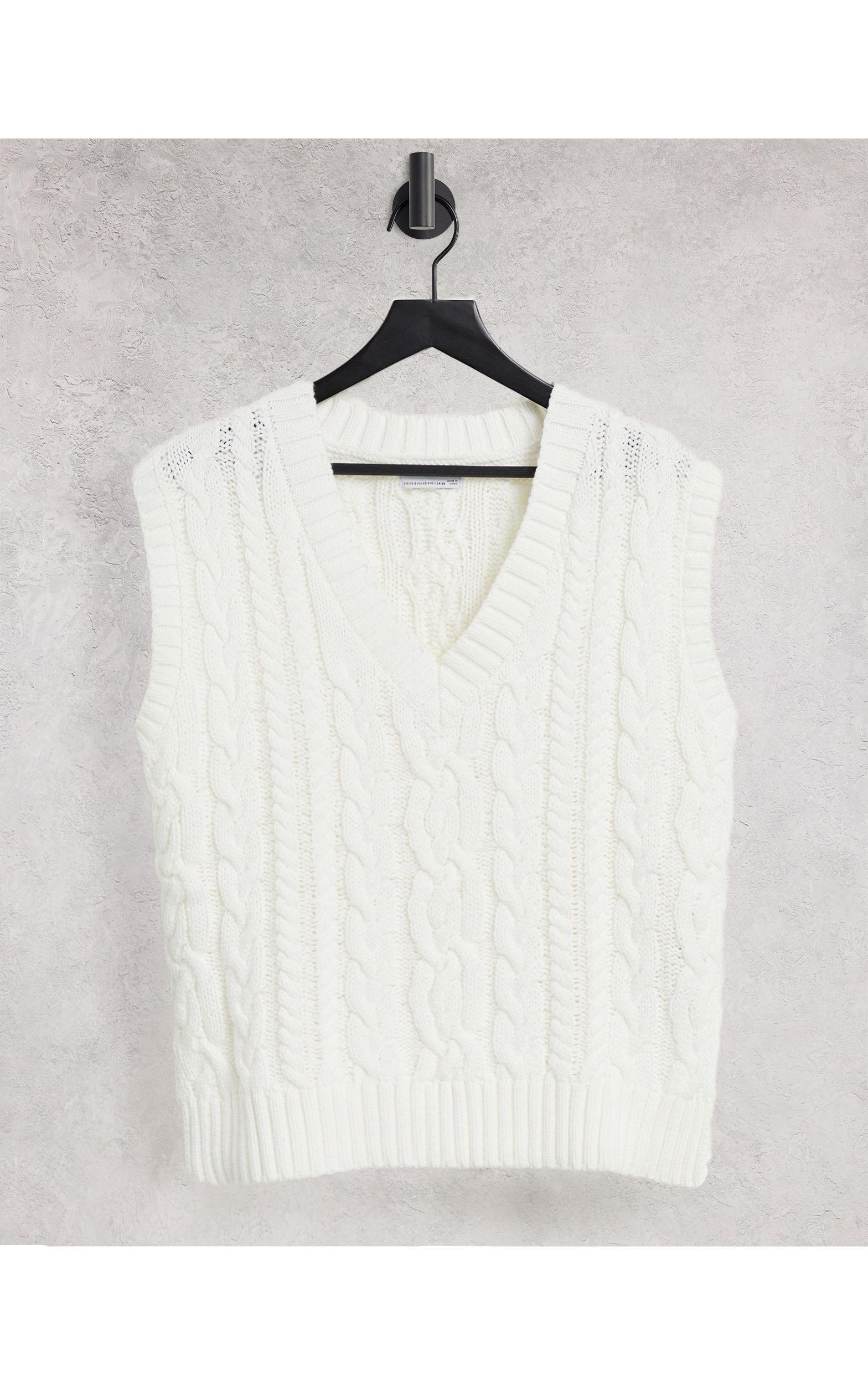 Bershka Cotton V-neck Cable Knit Cricket Vest in White | Lyst