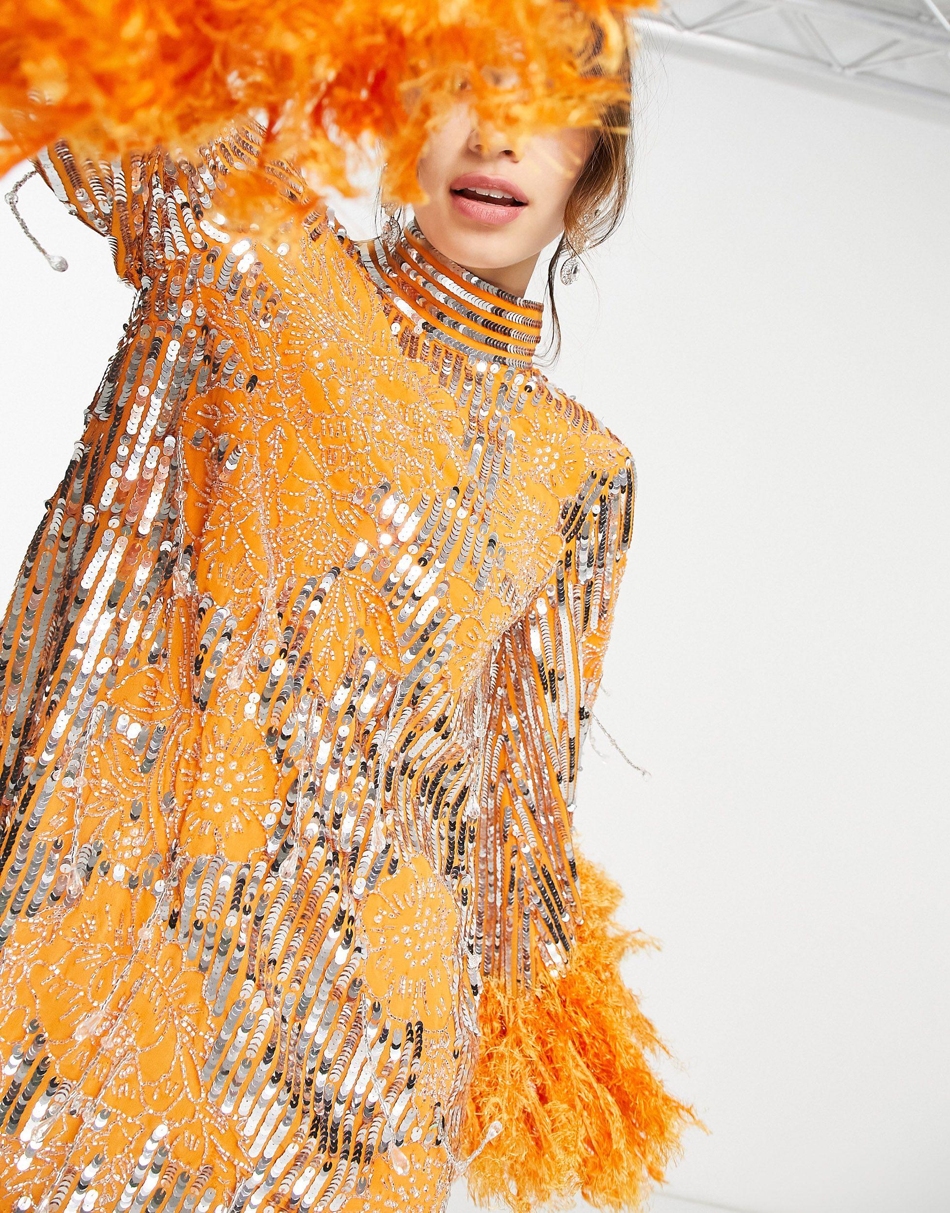 open lace back dress Ladivine KV1076 Size 2 Neon Orange Sequin Feather Prom Dress A Line Sheer Backless Formal Gown