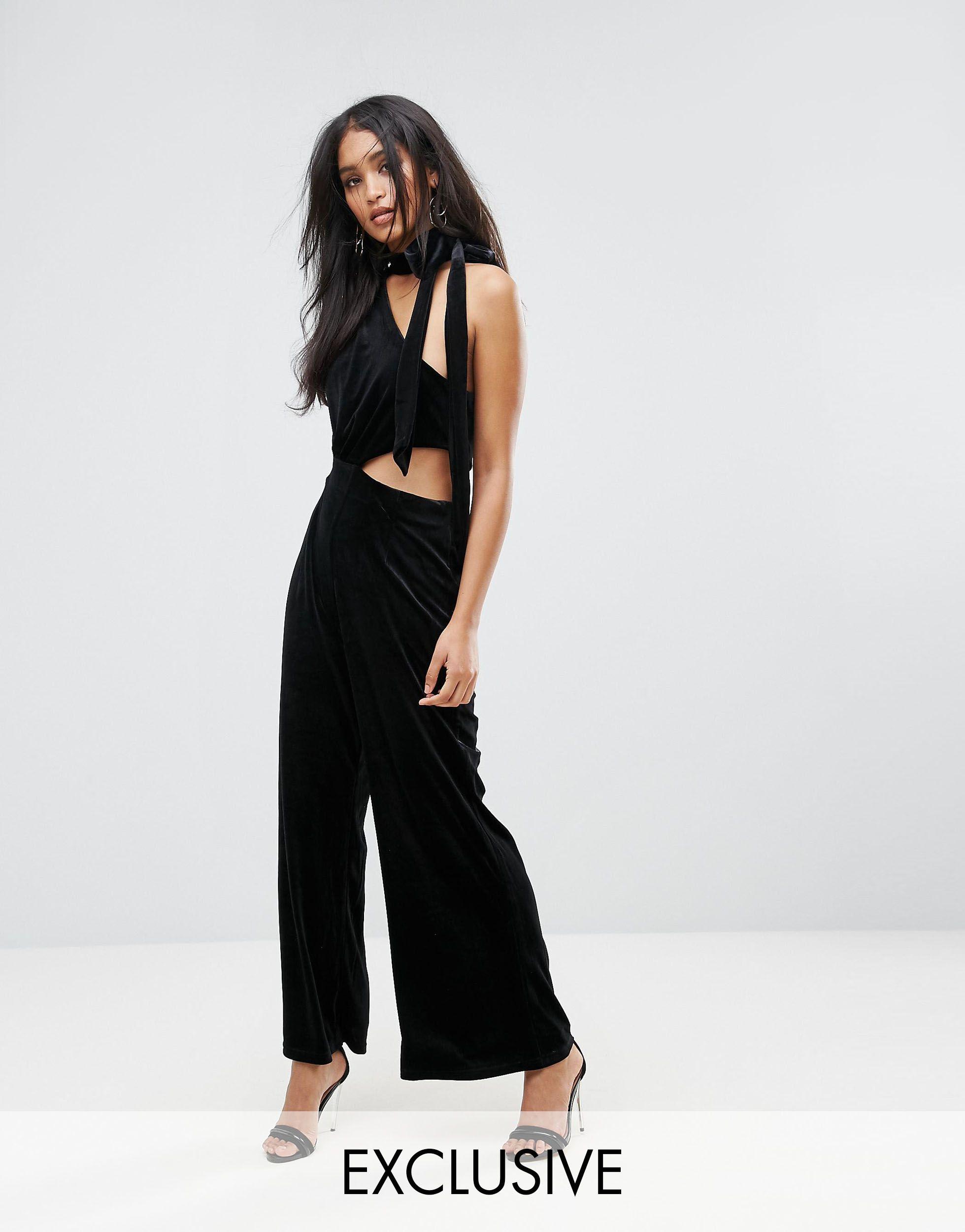 one shoulder velvet jumpsuit