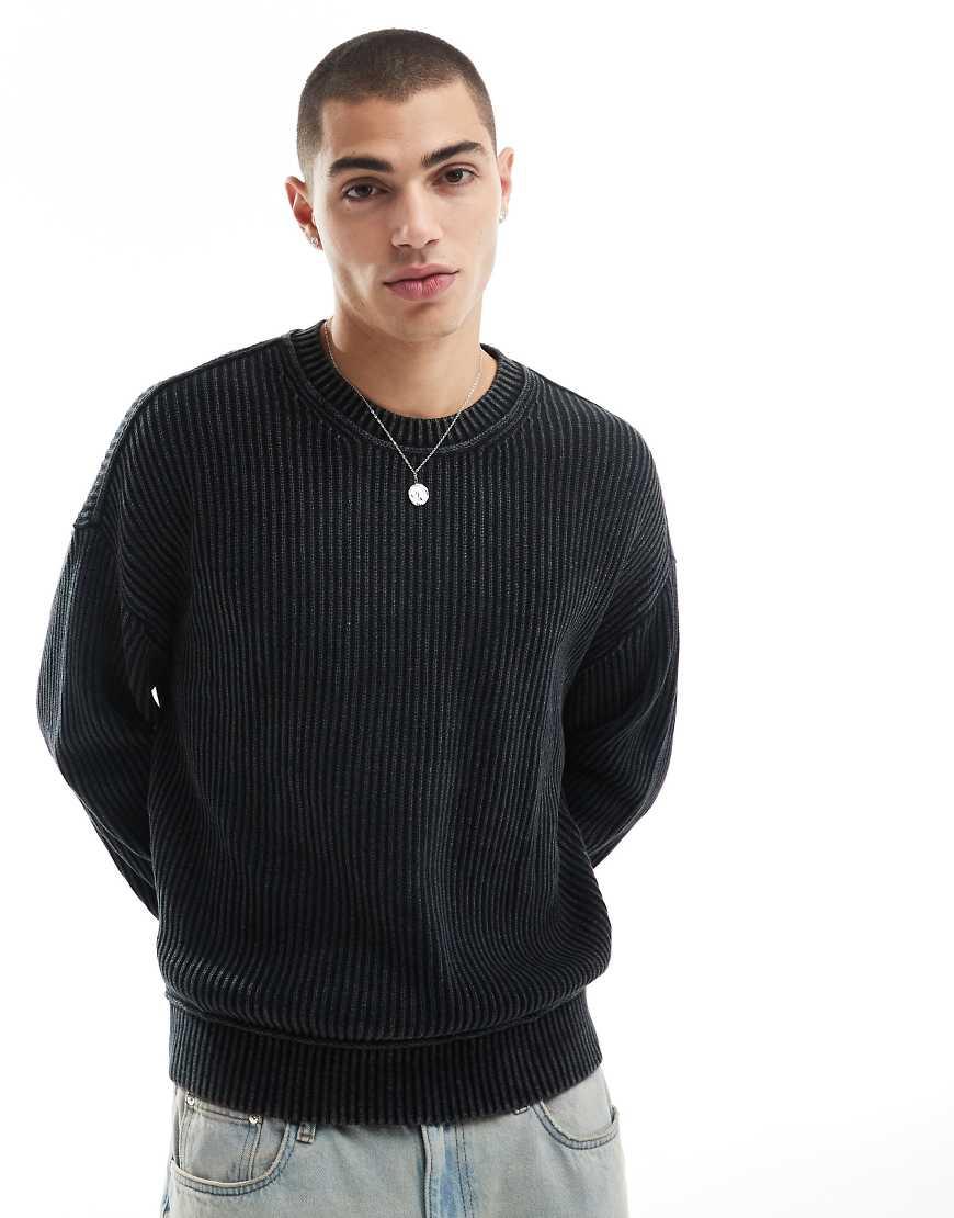 Hollister Boxy Fit Washed Chunky Rib Knit Jumper in Black for Men