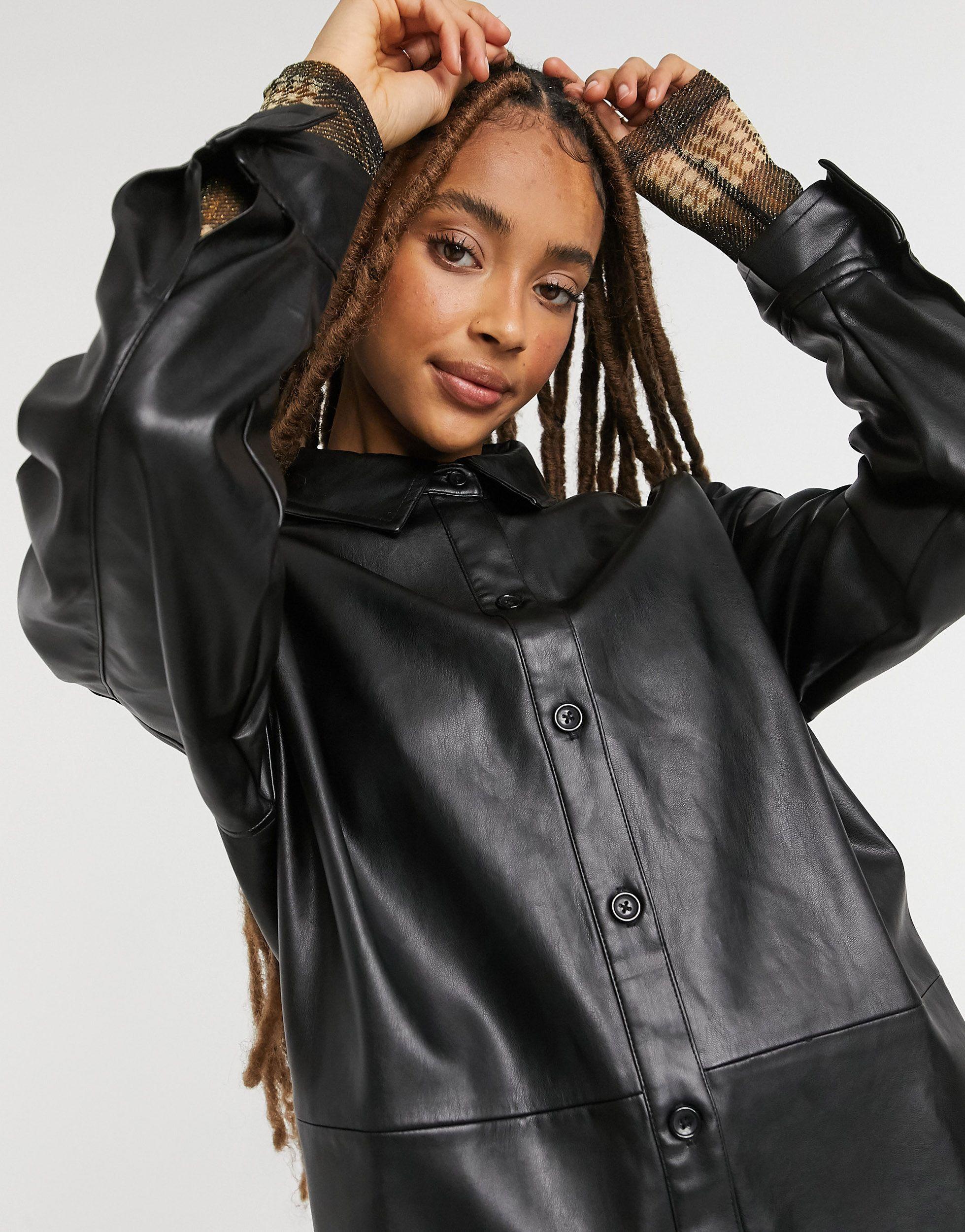 Pull&Bear Faux-leather Overshirt in Black | Lyst