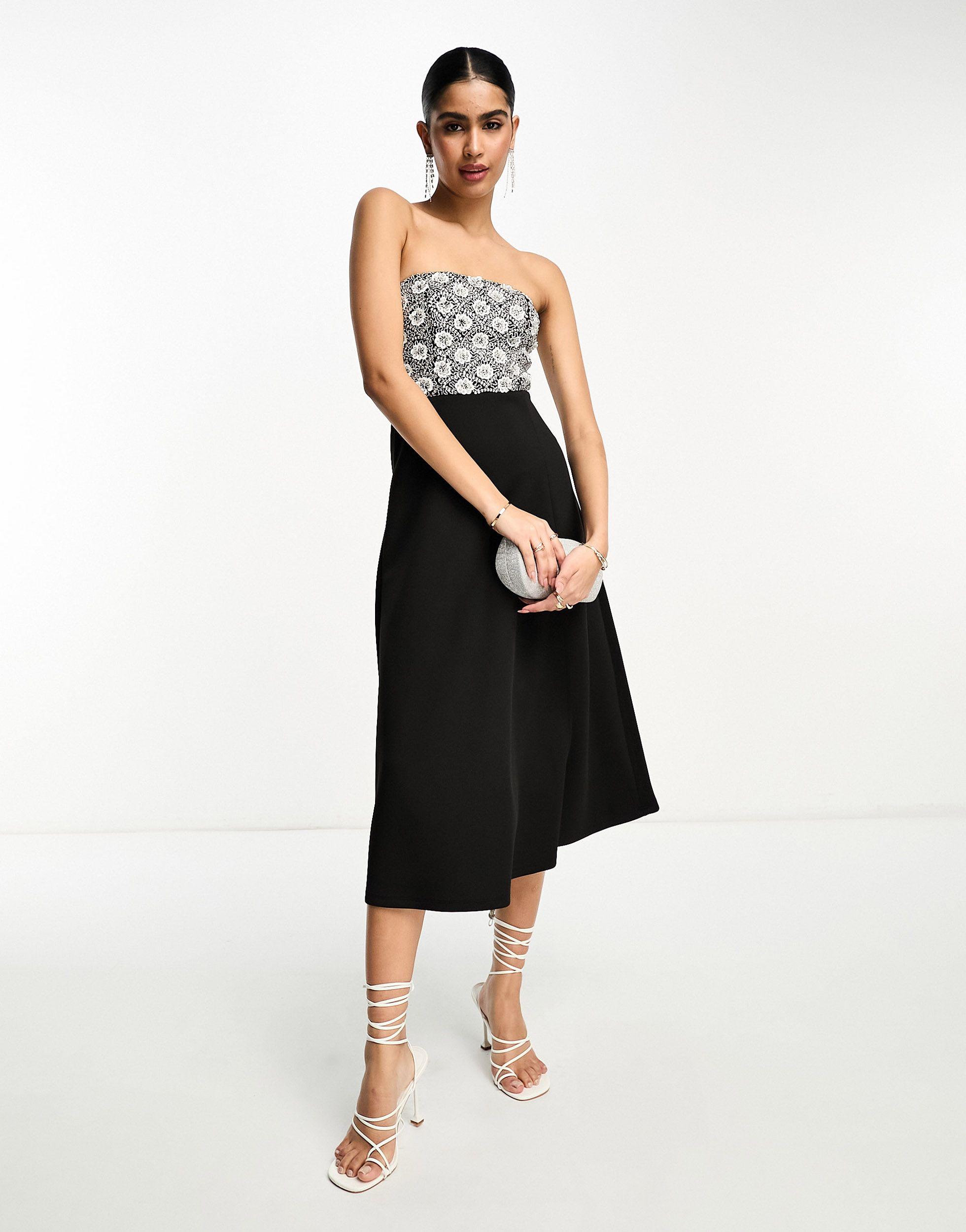ASOS Silver Sequin Embellished Bandeau Skater Midi Dress in White