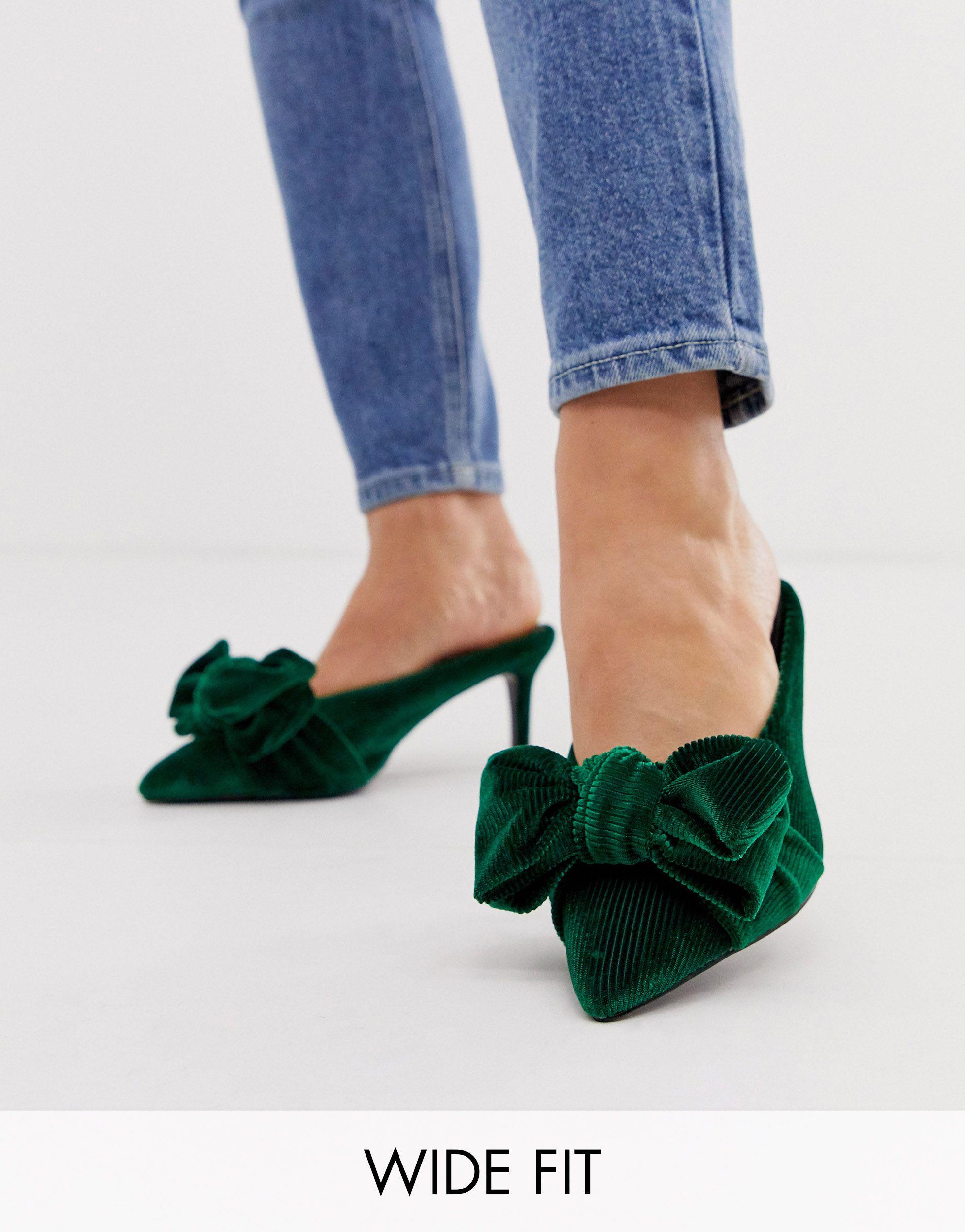 ASOS Wide Fit Wonder Pointed Mid-heeled Bow Mules in Green | Lyst