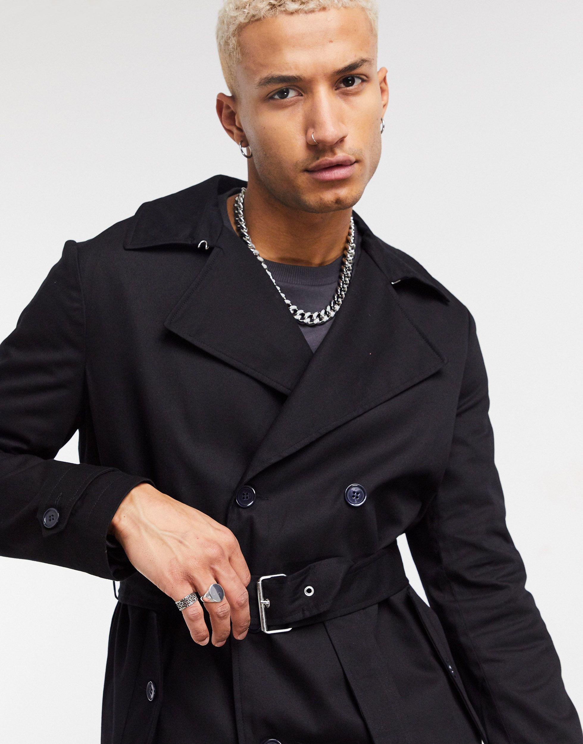 ASOS Lightweight Double Breasted Trench Coat in Black for Men - Lyst