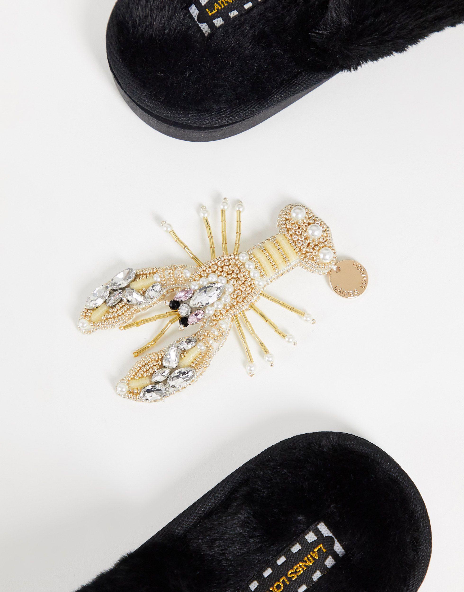 Laines London Lobster Slipper With Detachable Brooch in Black