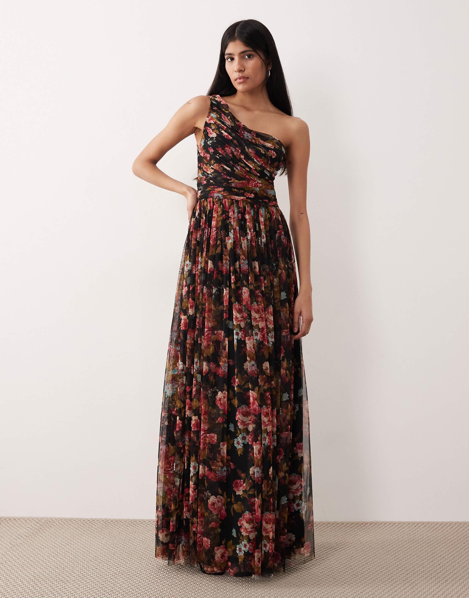 lace and beads one shoulder tulle dress LACE & BEADS Tulle One Shoulder Maxi Dress in Brown
