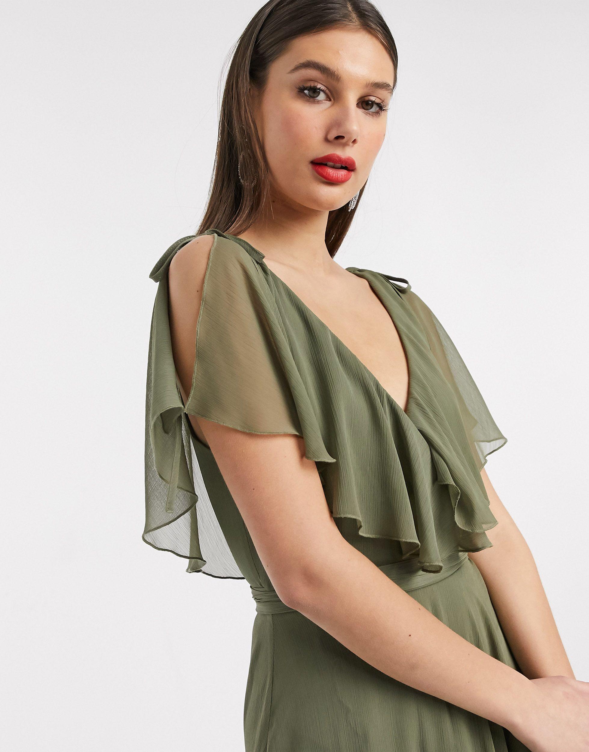 ASOS Asos Design Tall Maxi Split Sleeve Cape Back Dress With Tie  Shoulder-green