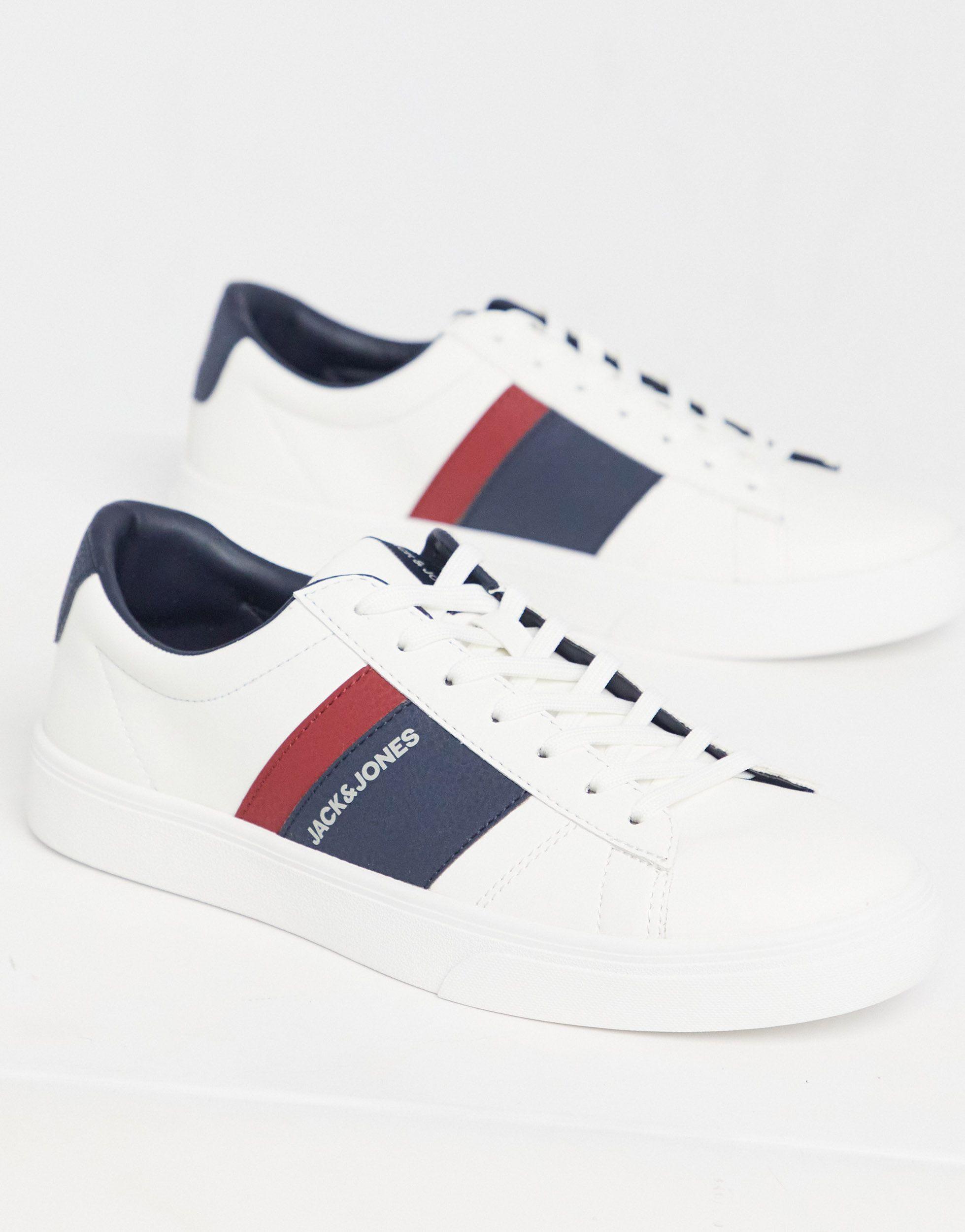 Jack & Jones Faux Leather Sneakers With Stripe Logo in White for Men | Lyst