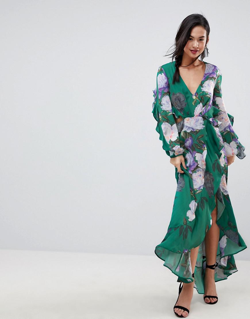 Lyst - Asos Floral Print Ruffle Maxi Dress in Green