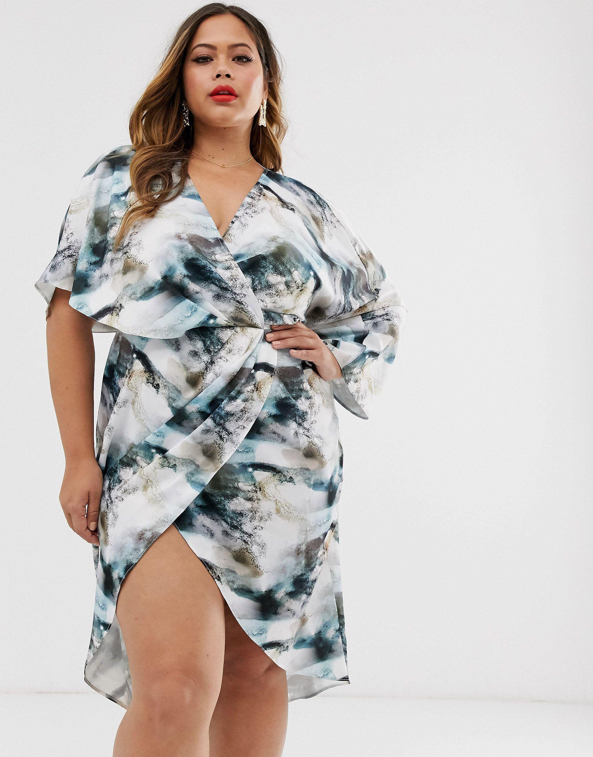 asos design satin kimono midi dress with knot front and asymmetric sleeve