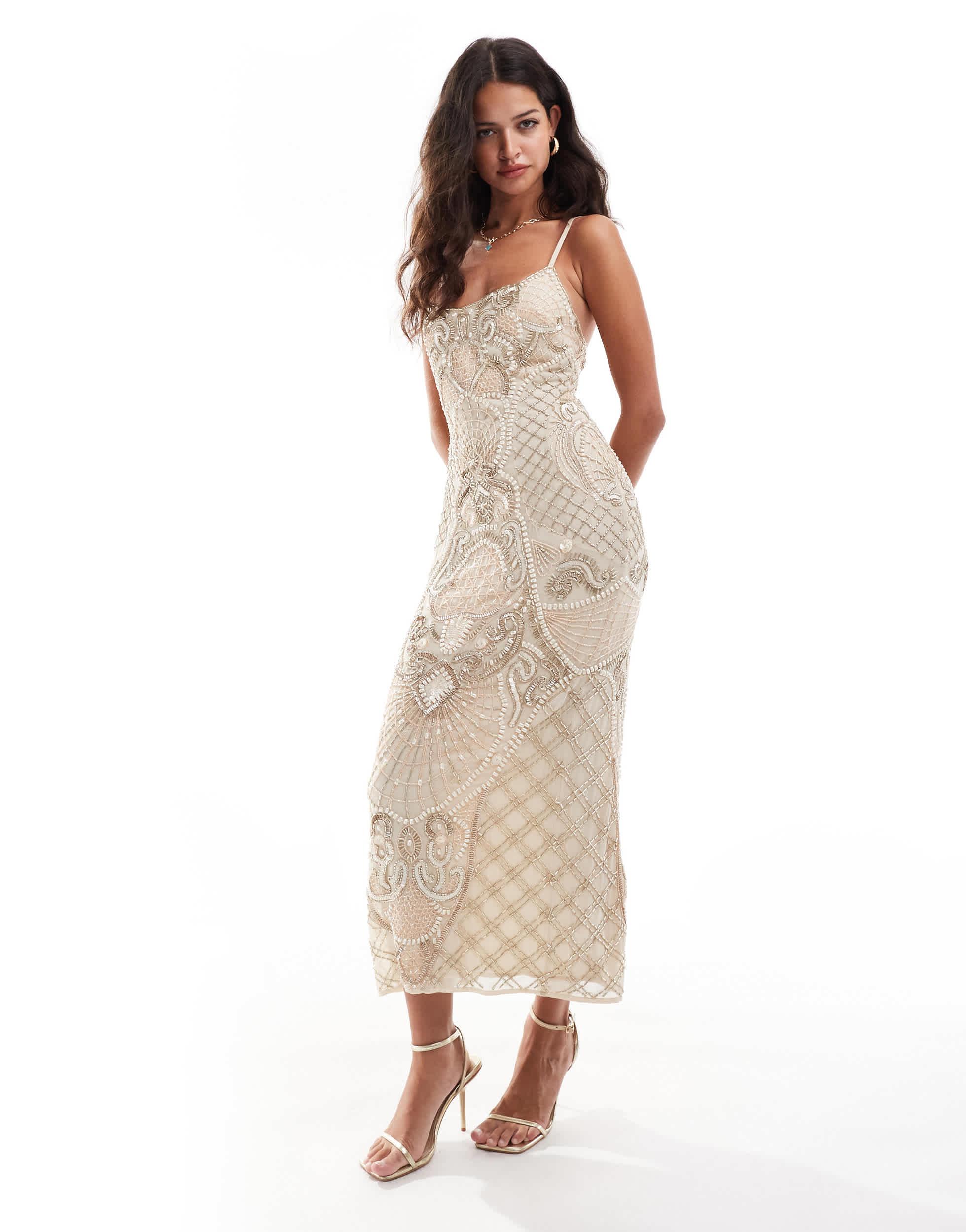 ASOS Cat Eye Embellished Midaxi Dress in Natural | Lyst