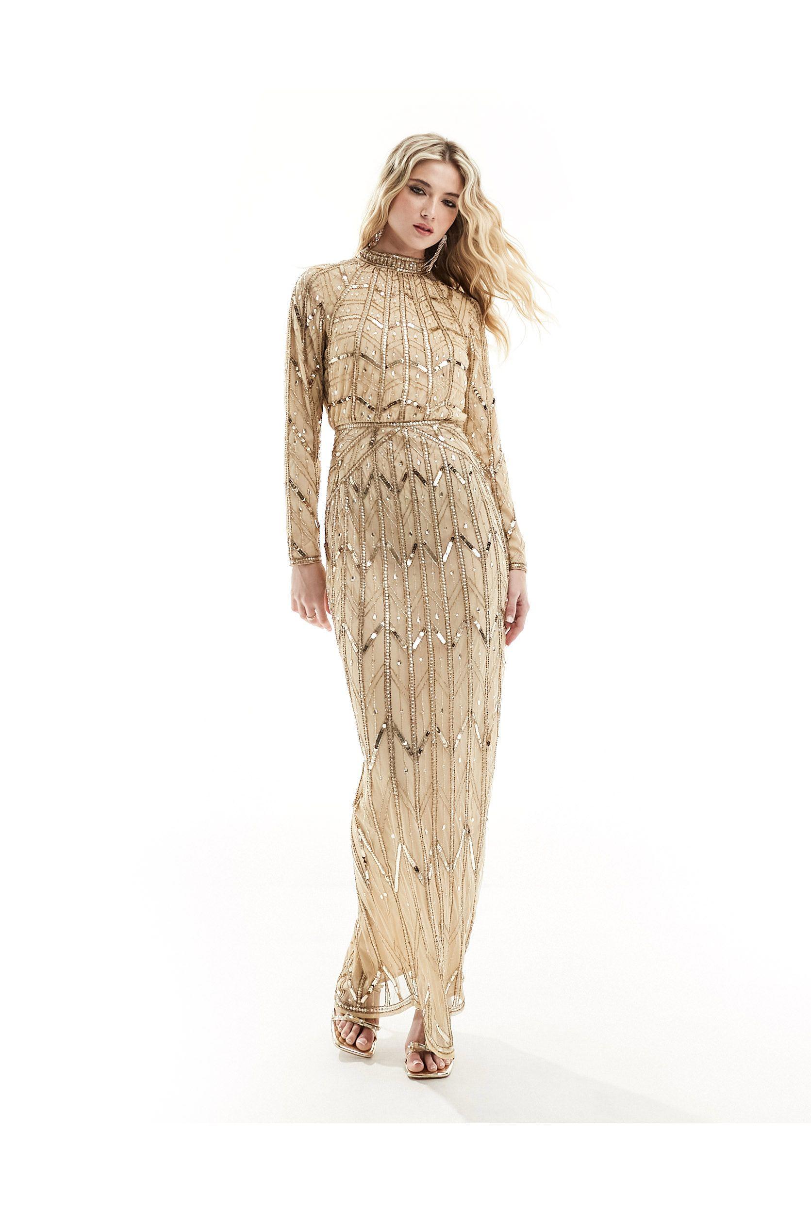 ASOS Linear Embellished Maxi Dress With Gem Detail in Natural