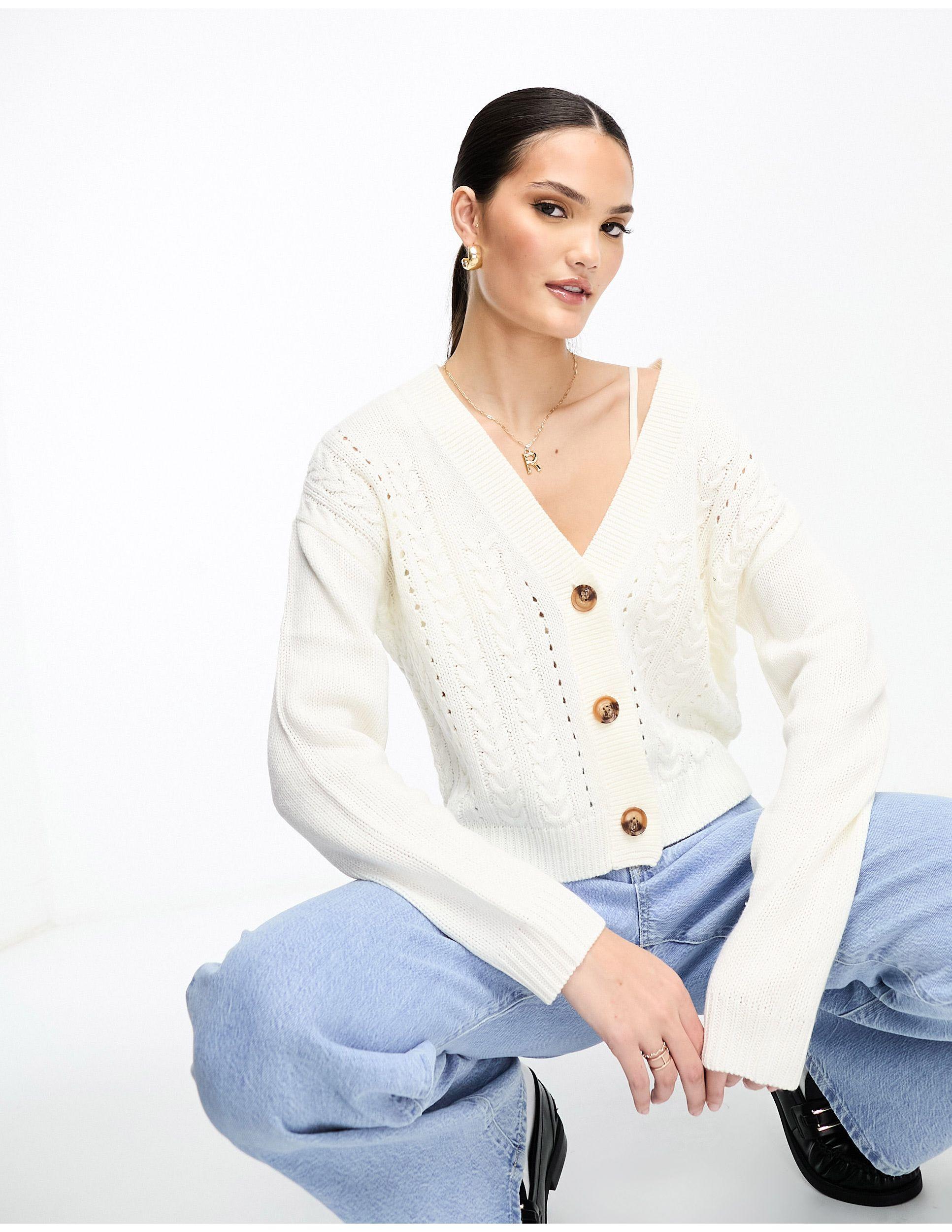 Vila Button Through Cable Knit Cardigan in White | Lyst