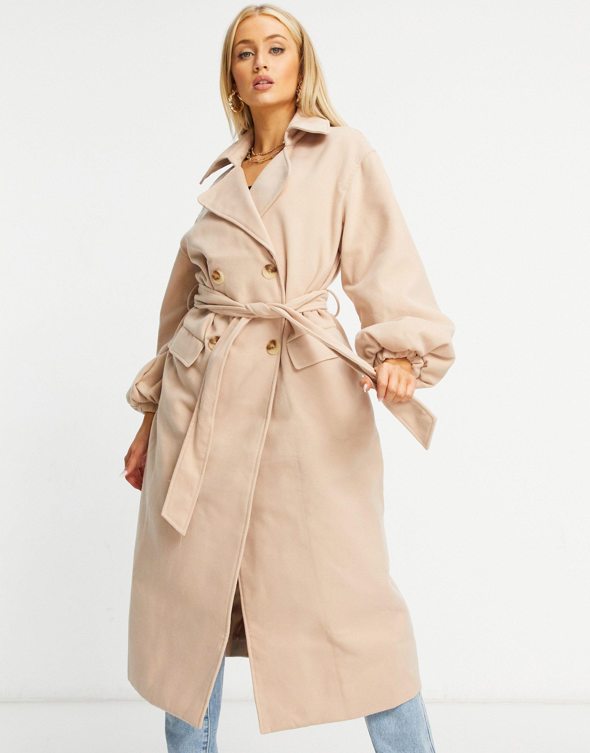 Missguided Formal Longline Coat With Balloon Sleeves in Natural | Lyst