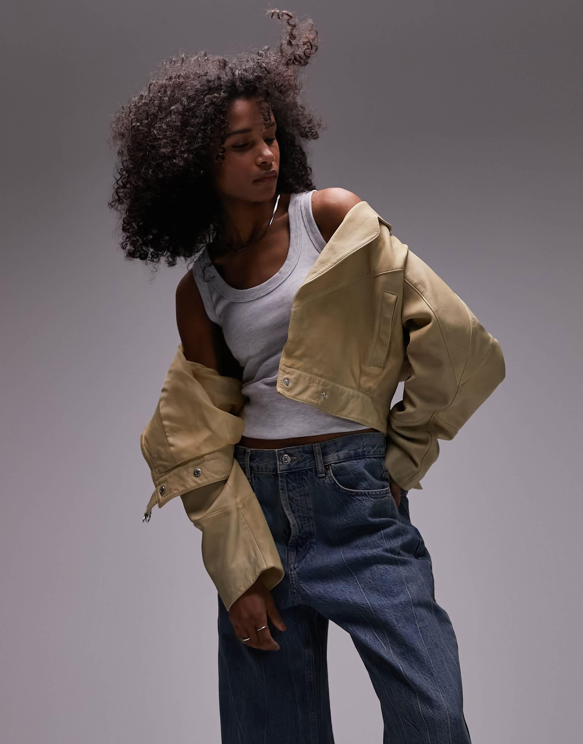TOPSHOP - TOPSHOP  スパンコールジャケット　oo307 TOPSHOP Premium Cropped Real Leather Jacket in Yellow | Lyst