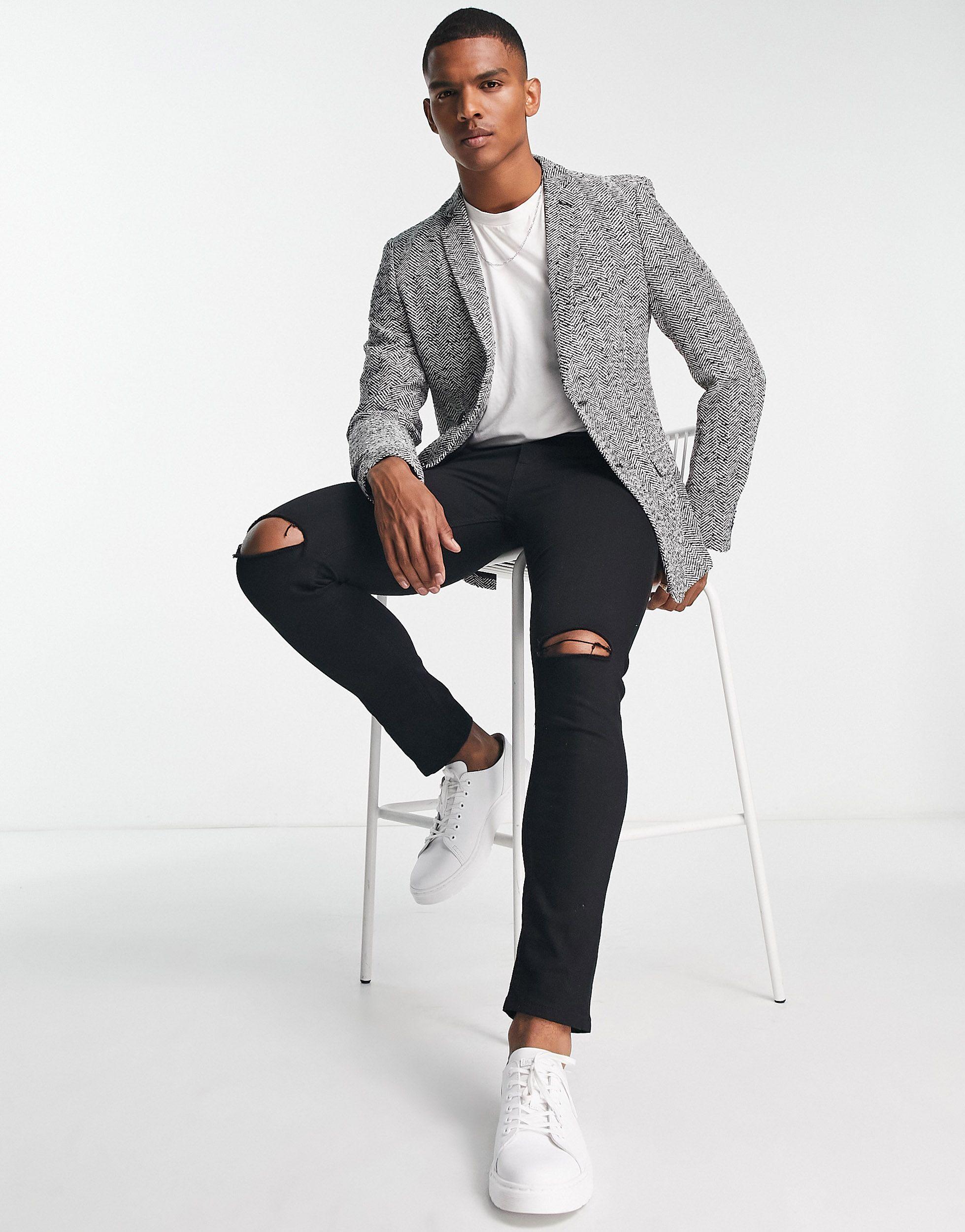 French Connection Tweed Herringbone Blazer in Gray for Men | Lyst